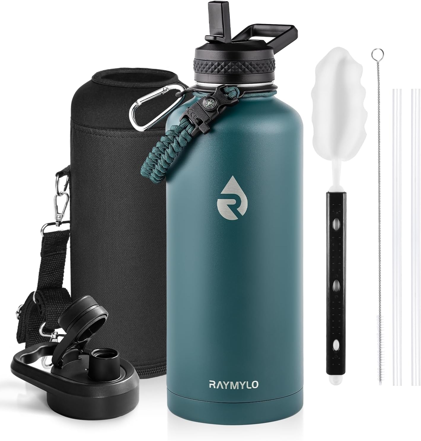 One Gallon Water Bottle Insulated, Triple Walled Vacuum Stainless Steel (Cold for 48 Hrs), Leak Proof & Non-BPA, Large Water Flask Jug with Paracord Handle & Straw Spout Lids