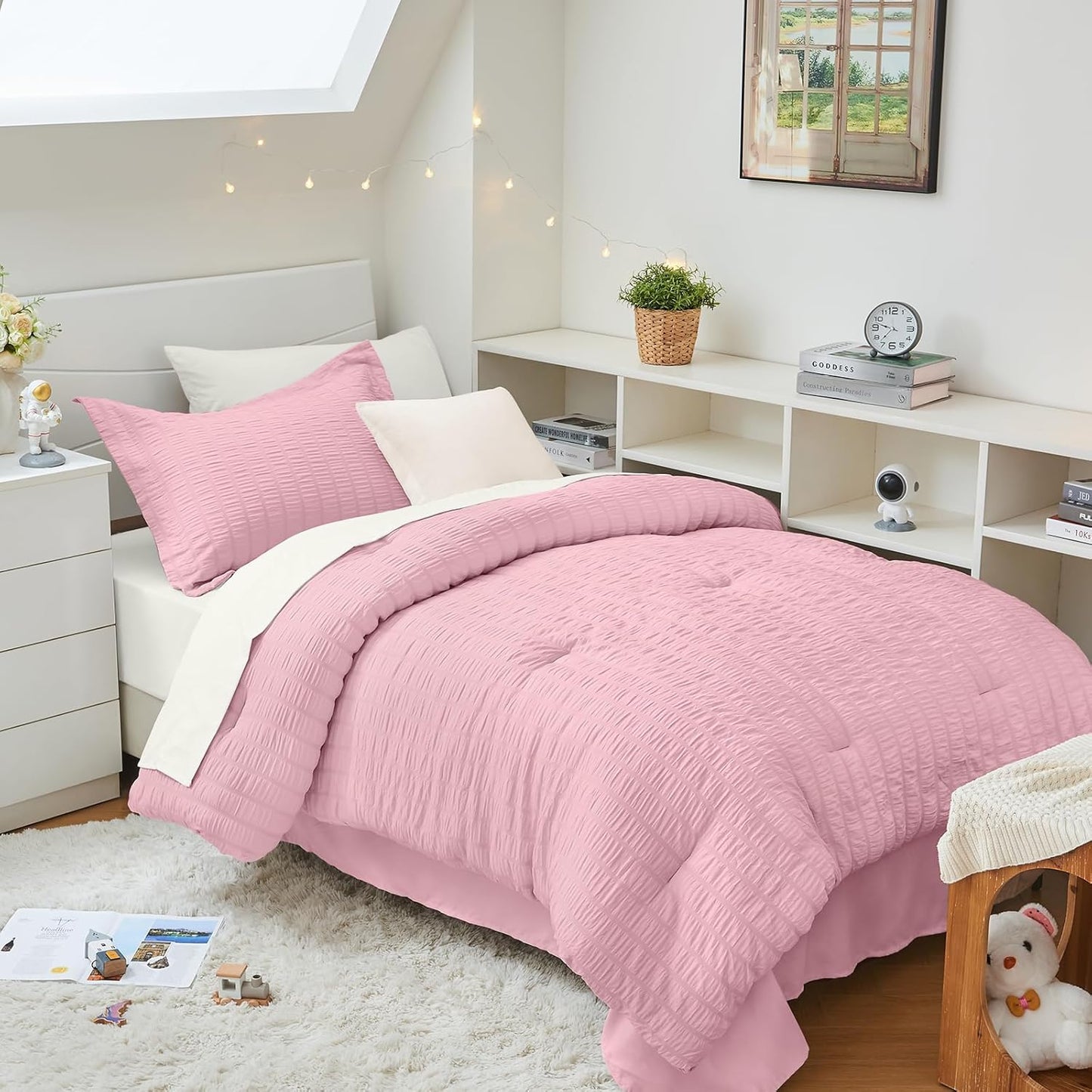 HYMOKEGE Queen Comforter Set Seersucker 7 Pieces, All Season Luxury Bed in a Bag for Bedroom, Bedding Set with Comforters, Sheets, Pillowcases & Shams, Dark Grey