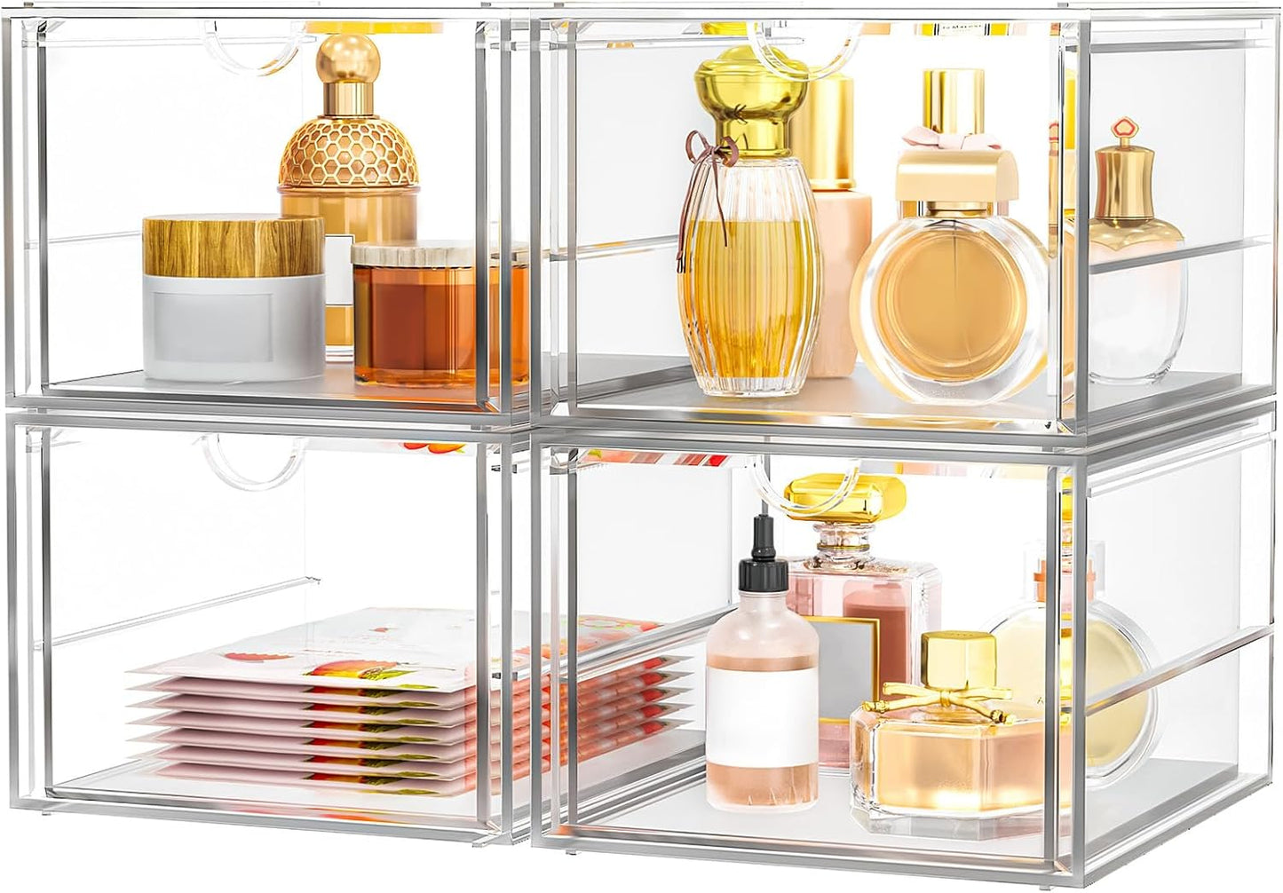 Makeup Organizer Storage with 16 Drawers, 4 Pcs Desktop Office Supplies, Desk Organizers, Clear Accessories, Dustproof Storage Drawer and for Make Up, Jewelry, Pen, Stationary