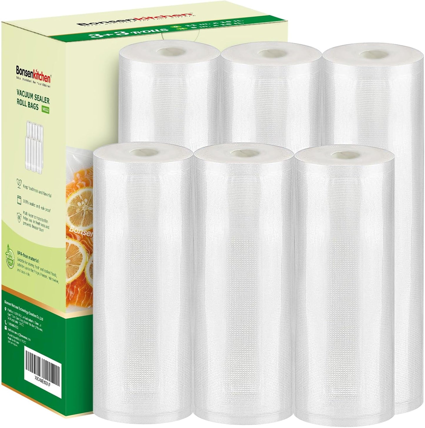 Bonsenkitchen Vacuum Sealer Rolls Bags, 6 Pack 3 Rolls 11" x 20' + 3 Rolls 8" x 20' Commercial Grade BPA Free Bag Rolls, Durable Customized Size Food Vac Bags for Storage and Sous Vide Cooking VB3211