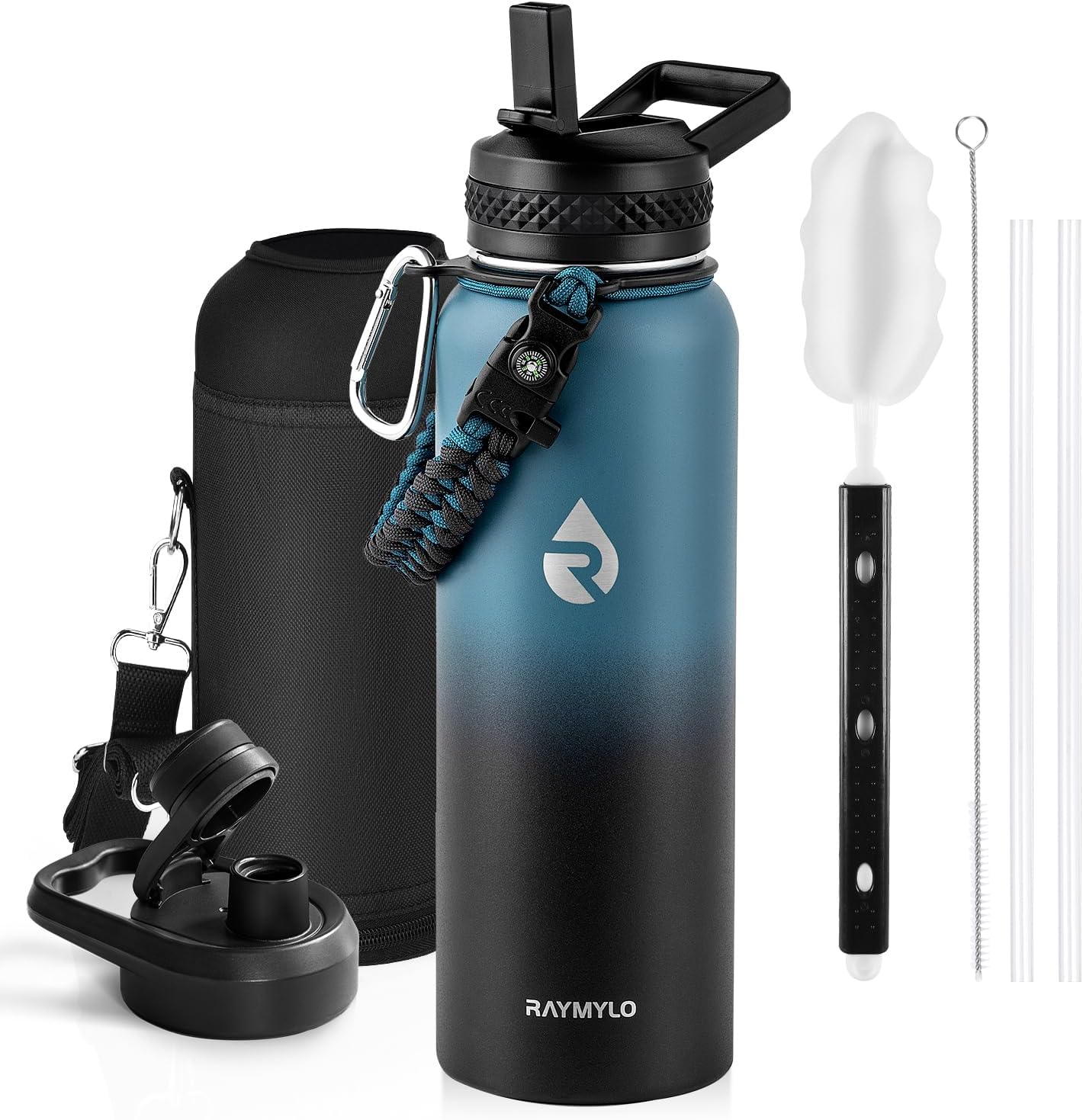 One Gallon Water Bottle Insulated, Triple Walled Vacuum Stainless Steel (Cold for 48 Hrs), Leak Proof & Non-BPA, Large Water Flask Jug with Paracord Handle & Straw Spout Lids