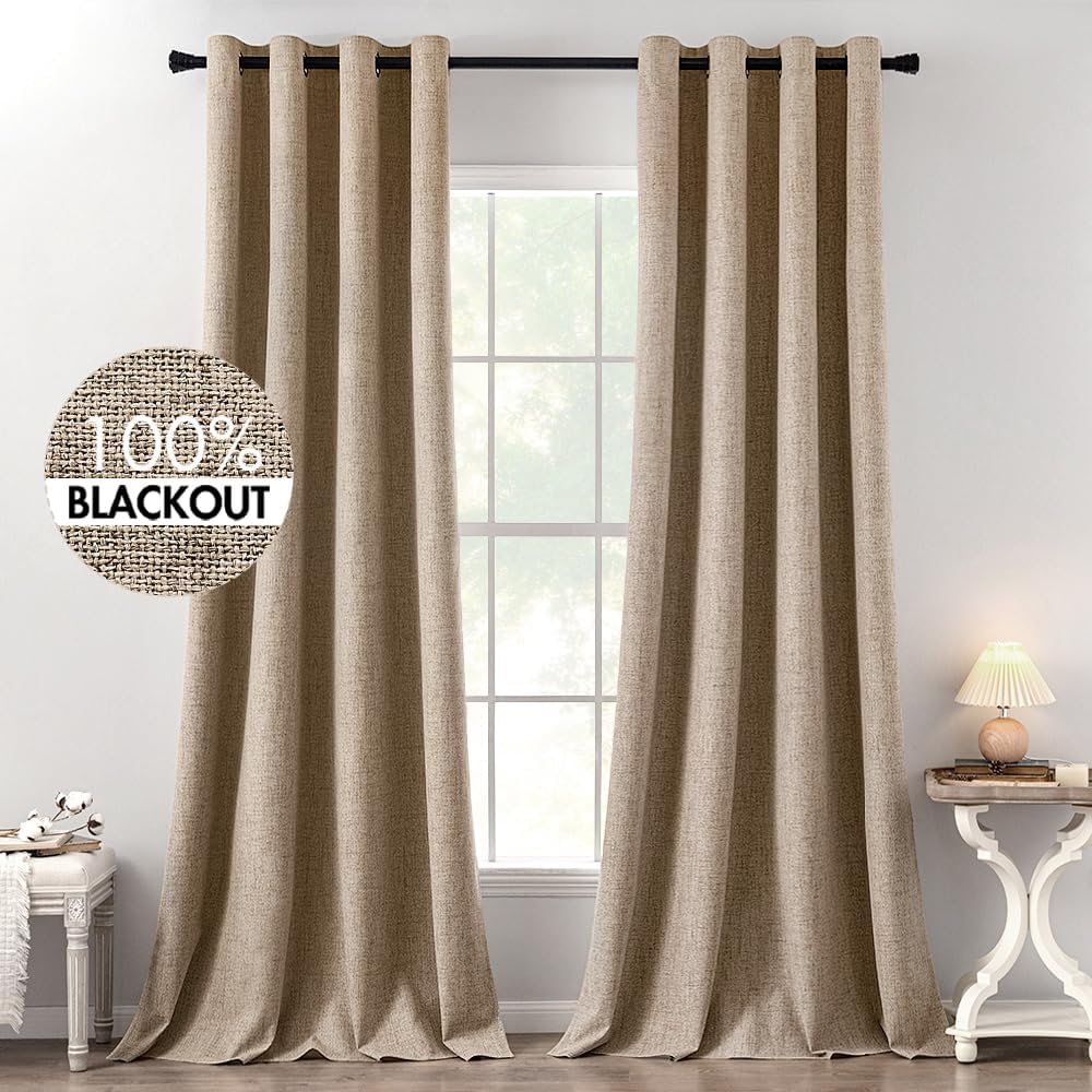 MIULEE 100% Blackout Linen Textured Curtains for Bedroom Solid Thermal Insulated Natural Beige Grommet Room Darkening Curtains & Drapes Luxury Decor for Living Room Nursery 52 x 84 Inch (2 Panels)