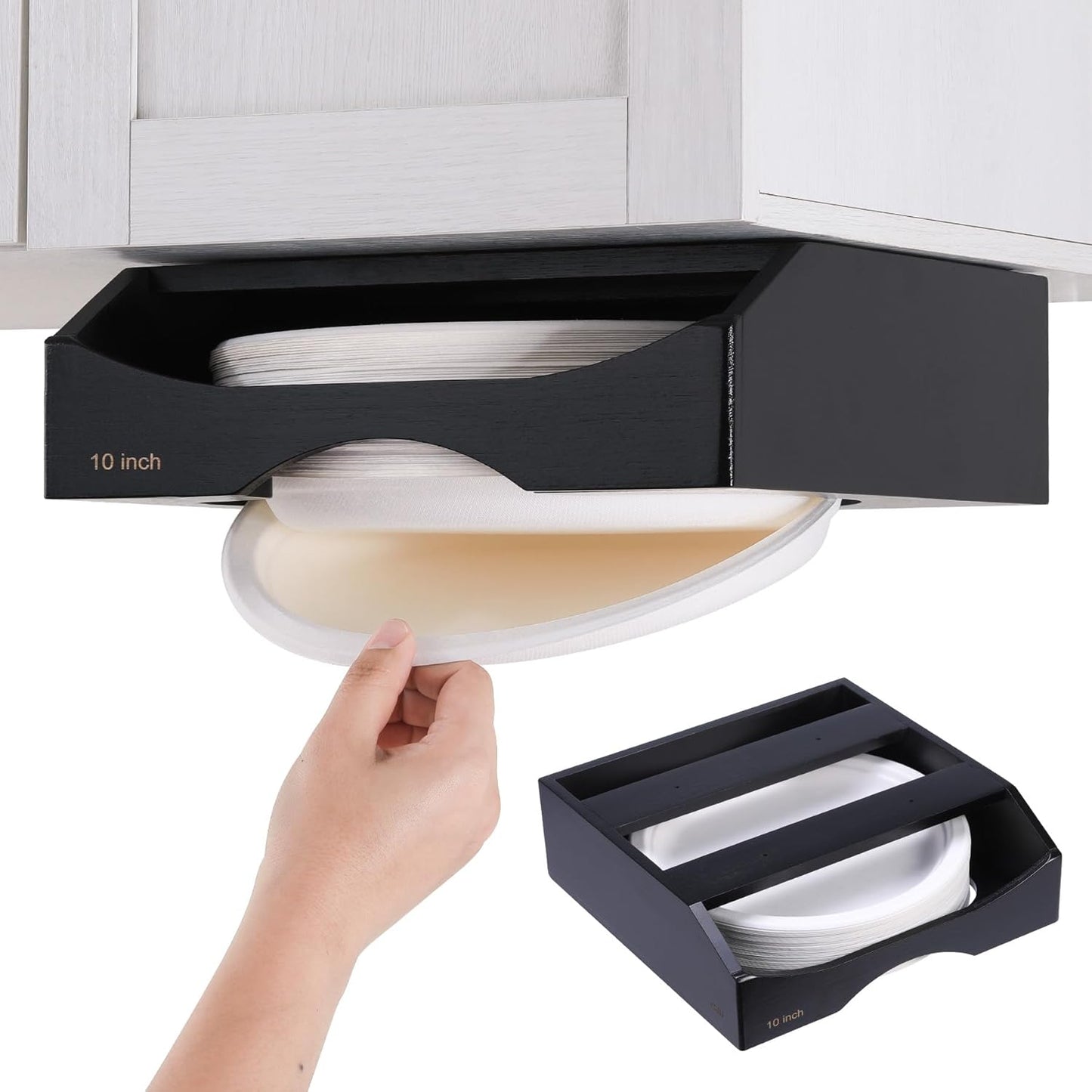 10-inch Paper Plate Dispenser Under Cabinet, Bamboo Paper Plate Holders, Kitchen Counter Vertical Plate Dispensers Holders Countertop Caddy(For 10-inch Plates, Bamboo)