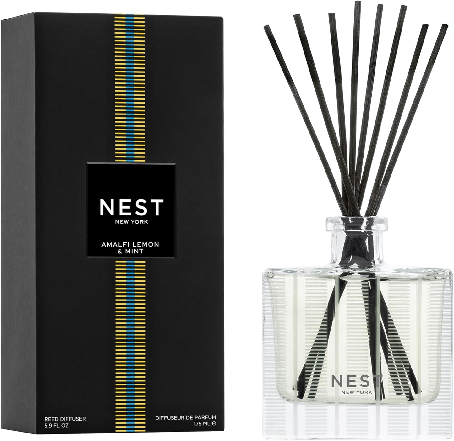 NEST New York Reed Diffuser, Ocean Mist & Sea Salt - 5.9 fl oz - Fragrance for Up to 90 Days - Reusable, Refillable Glass Holder - Includes 8 All-Natural Reed Sticks - Flame Free