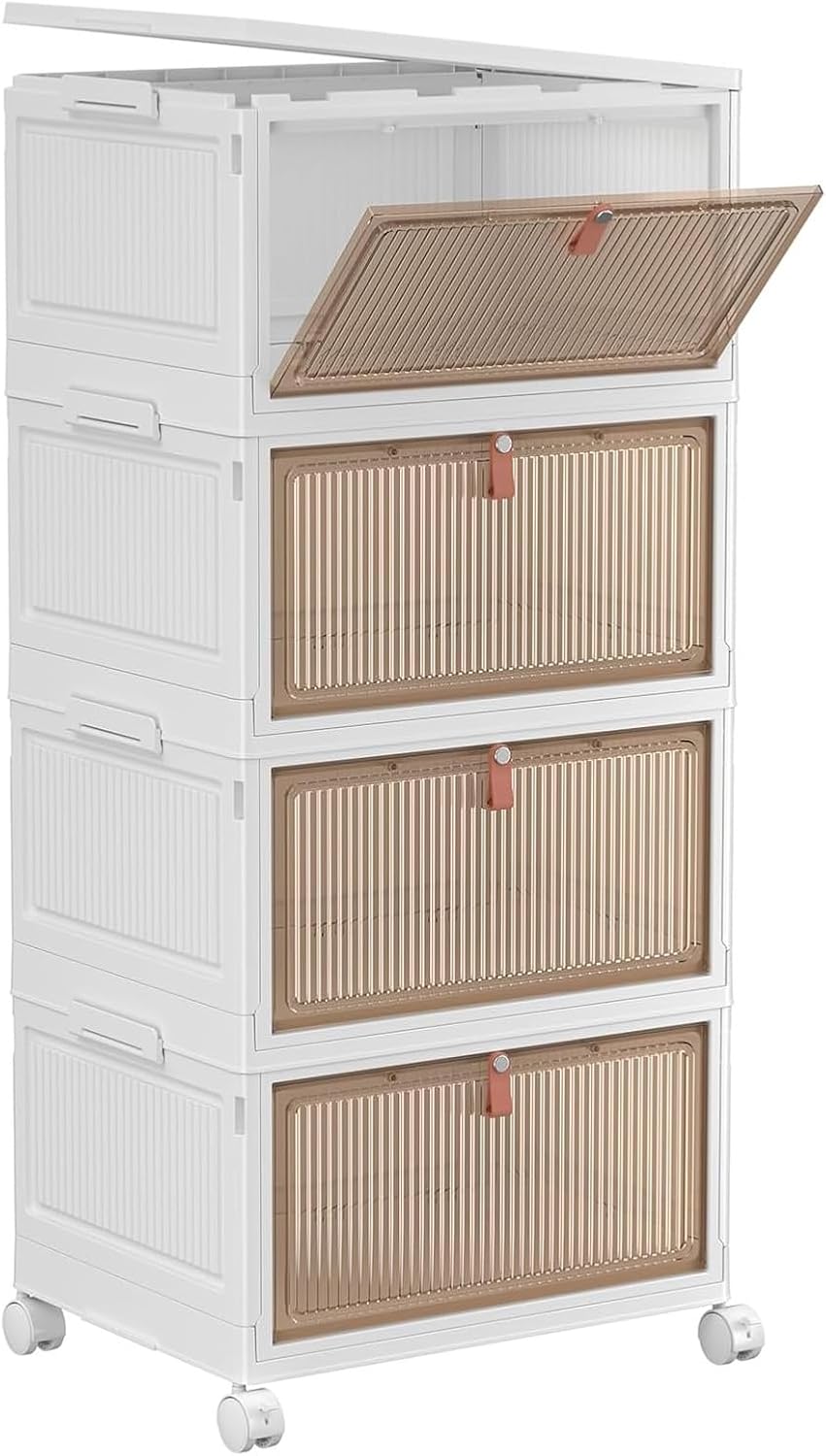 4 Tier Plastic Storage Bins with Lid 23QT, Stackable Storage Containers with Wheels, Folding Storage Boxes, Stackable Storage Bins, Organizers and Storage for Living Room,Office,Dorm