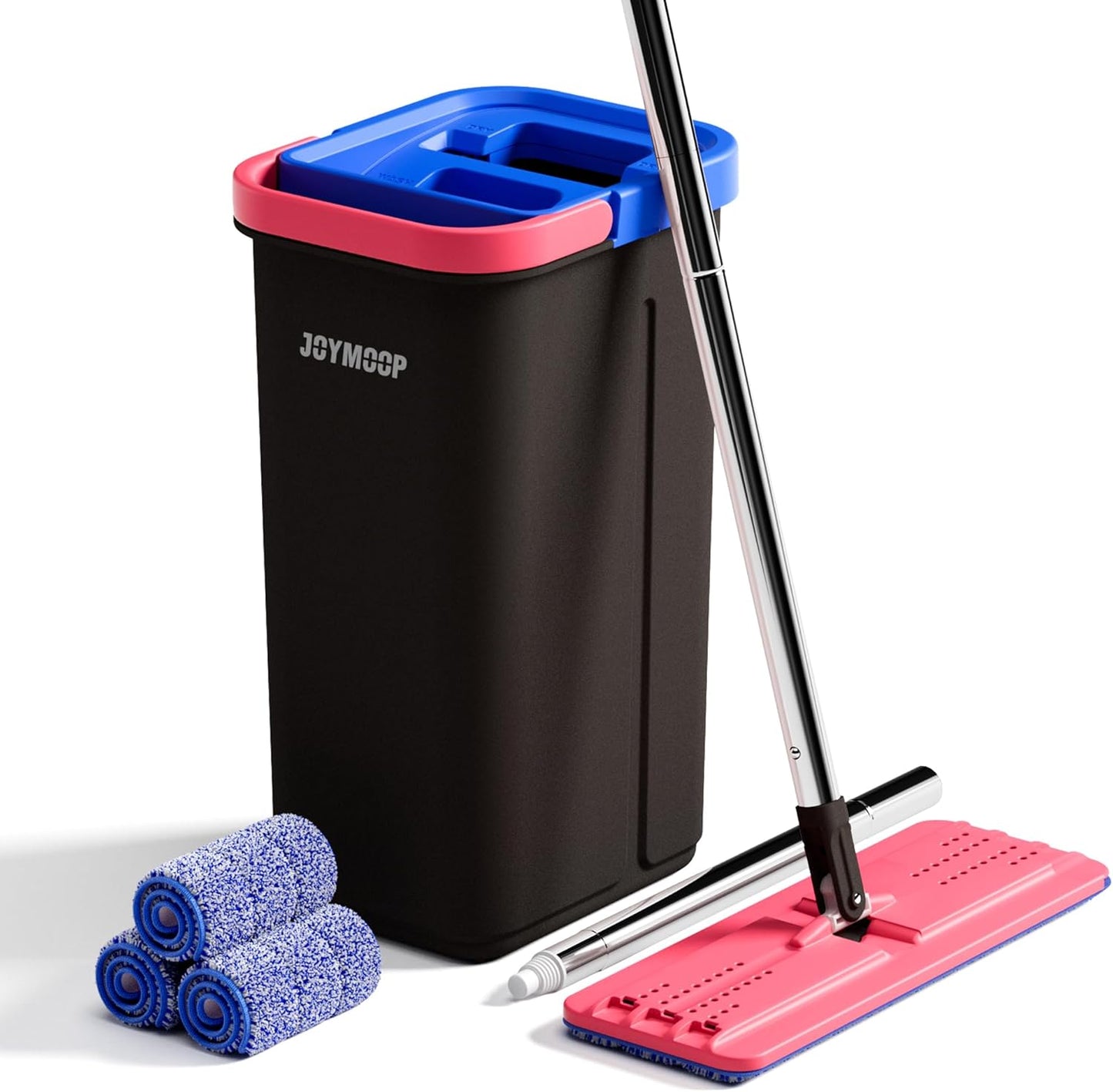 JOYMOOP Mop and Bucket with Wringer Set, Hands Free Flat Floor Mop and Bucket, with 3 Washable Microfiber Pads, Wet and Dry Use, Floor Cleaning System