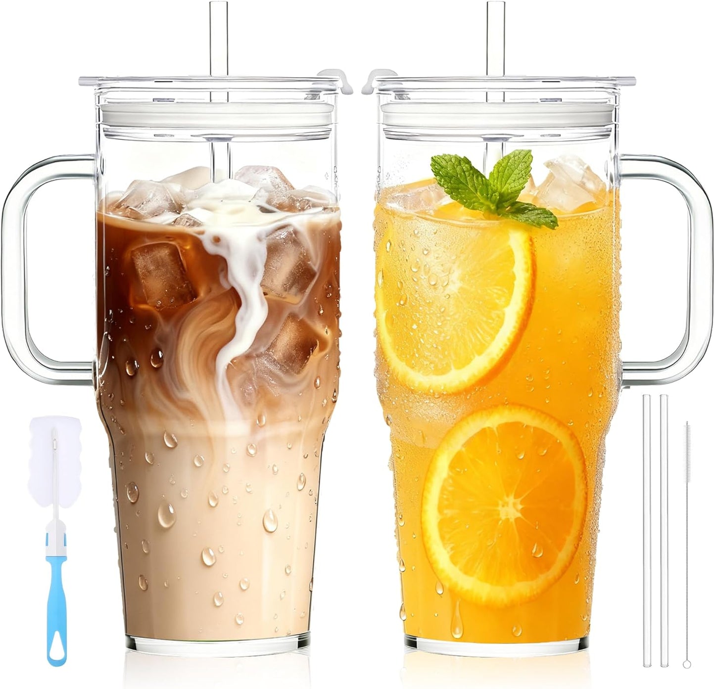 Birity 24oz Glass Cups with Lids and Straws,Glass Tumbler with Handle,2 set–Reusable Glass Ice Coffee Cups with Lid and Straw for Smoothies,Tea,Juice,Boba Cup for Cold & Hot Drinks,Travel Cup