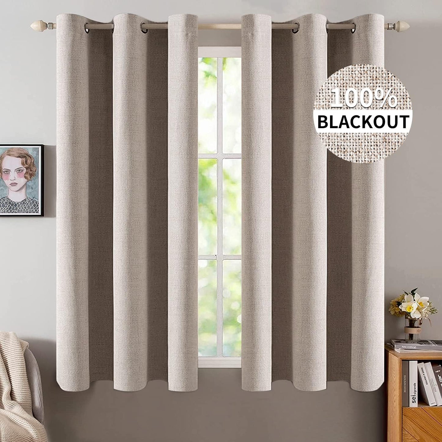 MIULEE 100% Blackout Linen Textured Curtains for Bedroom Solid Thermal Insulated Natural Beige Grommet Room Darkening Curtains & Drapes Luxury Decor for Living Room Nursery 52 x 84 Inch (2 Panels)