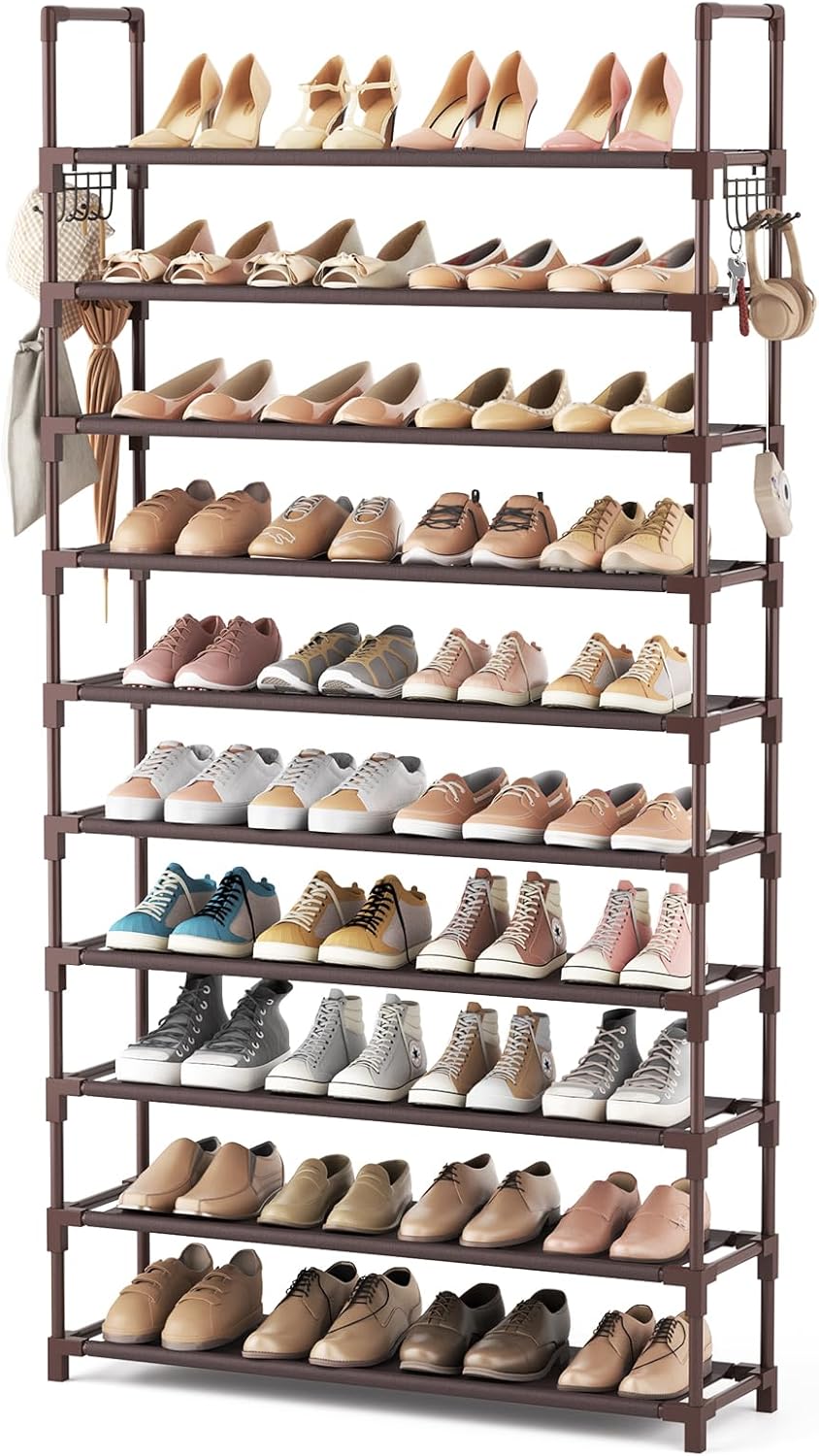 VTRIN 10 Tier Shoe Rack Tall Large Capacity Wide Shoe Organizer with Two Hooks Sturdy Metal Shoe Shelf for Entryway, Closet, Bedroom