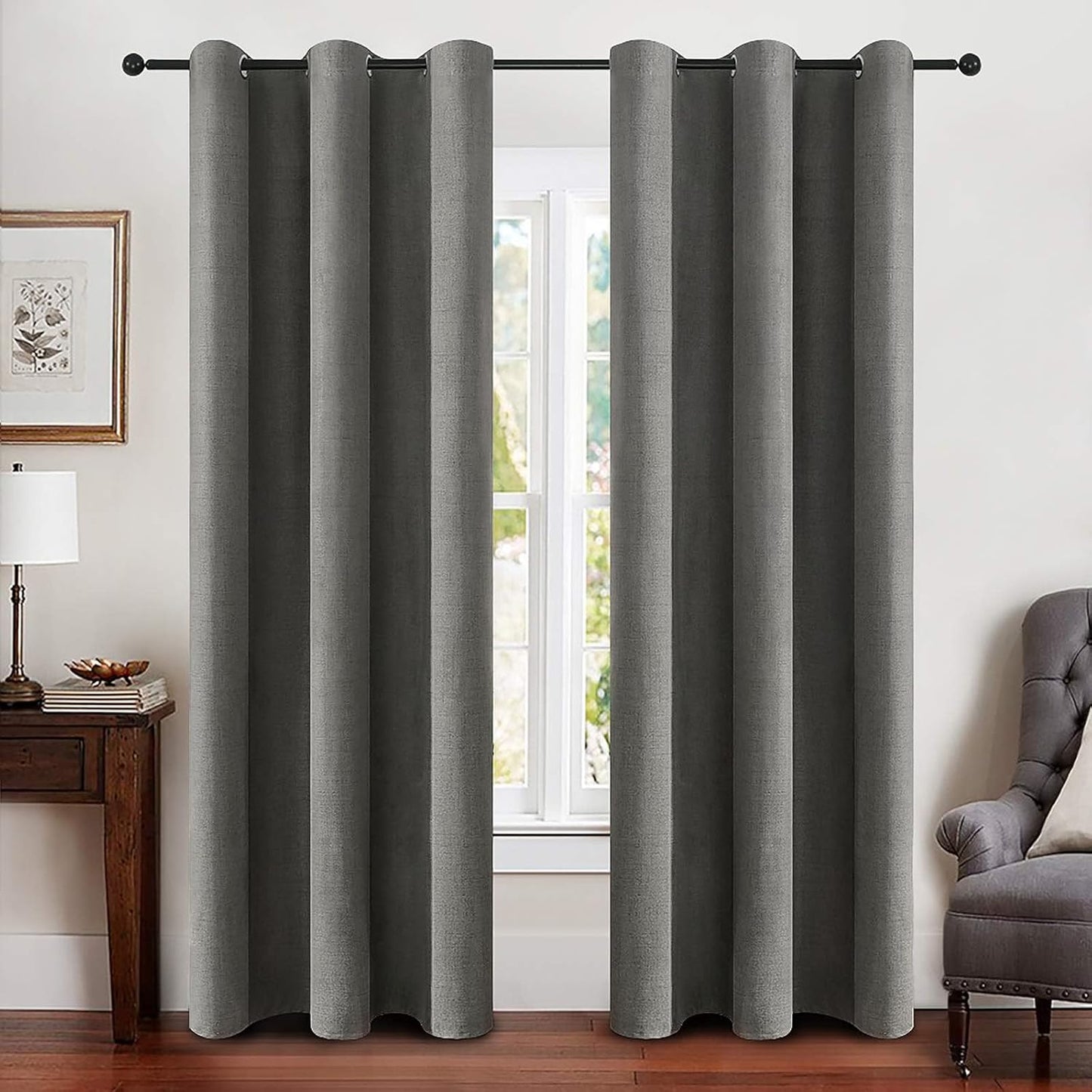 MIULEE 100% Blackout Linen Textured Curtains for Bedroom Solid Thermal Insulated Natural Beige Grommet Room Darkening Curtains & Drapes Luxury Decor for Living Room Nursery 52 x 84 Inch (2 Panels)