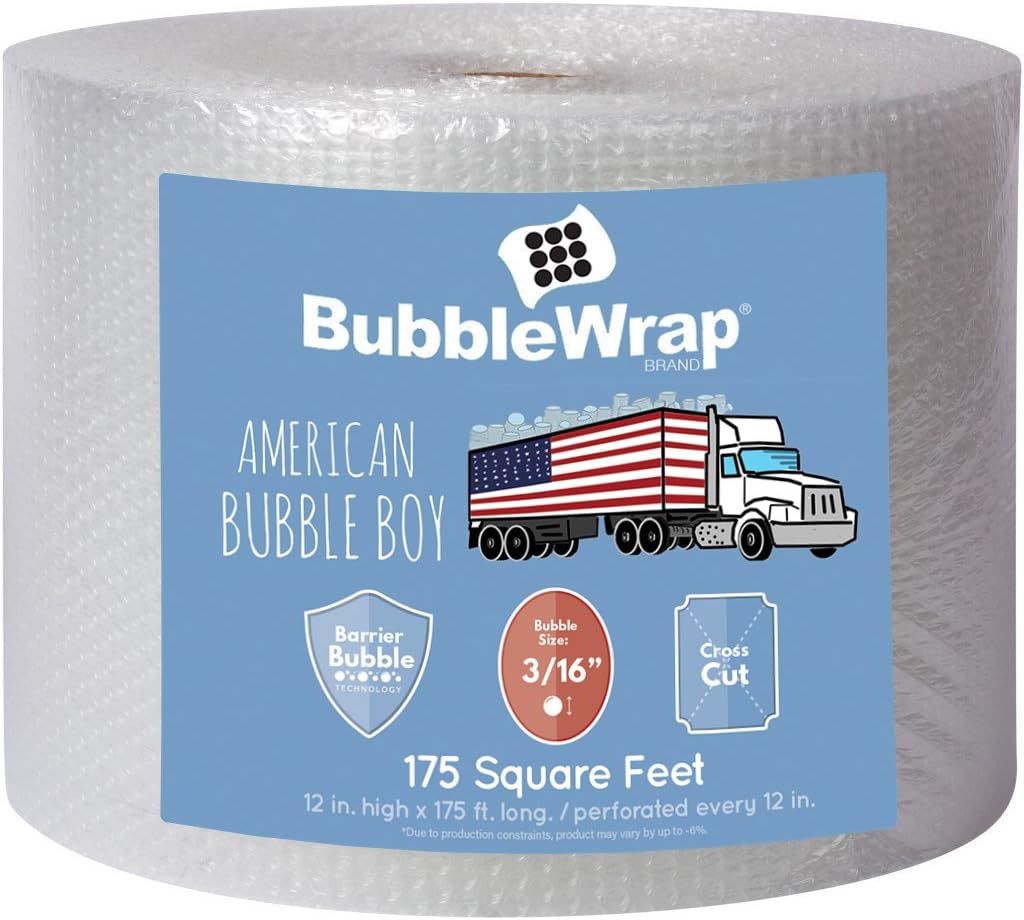 4 large rolls of Bubble Wrap total 700 feet, small bubbles 3/16 cushioning, 700 ft, heavy duty, perforated Every 12" Made in the USA by American Bubble Boy, bulk packaging wrap for moving and shipping