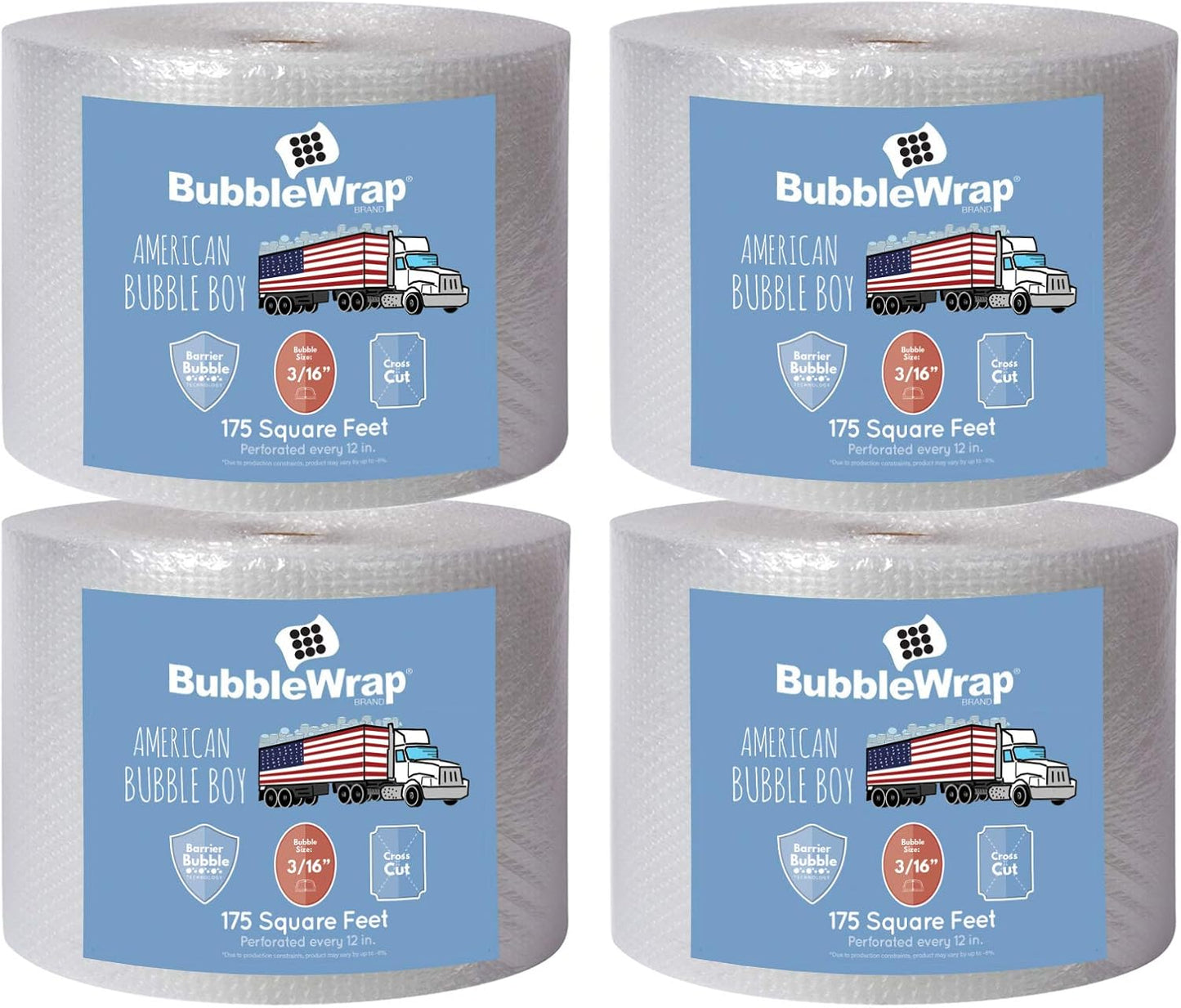4 large rolls of Bubble Wrap total 700 feet, small bubbles 3/16 cushioning, 700 ft, heavy duty, perforated Every 12" Made in the USA by American Bubble Boy, bulk packaging wrap for moving and shipping