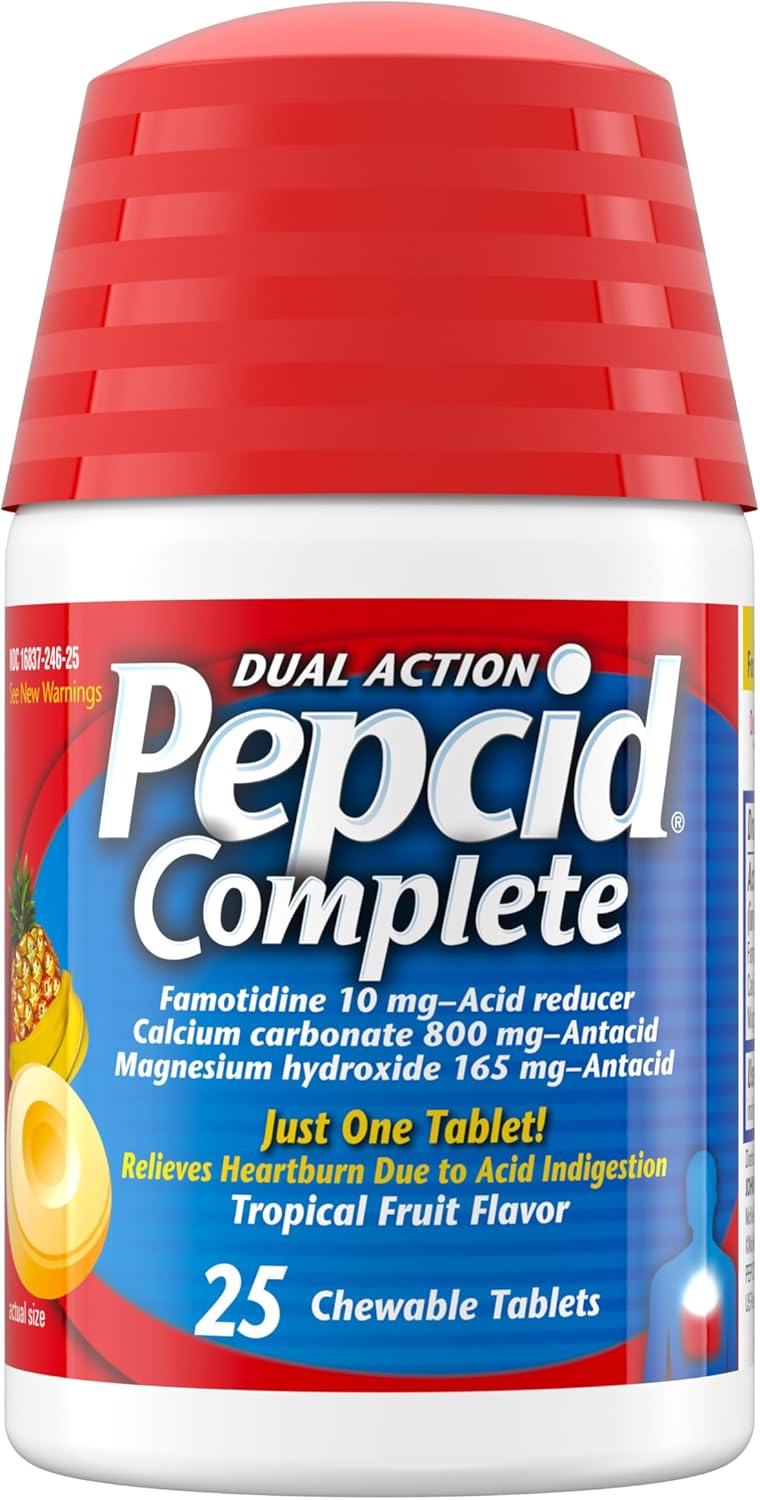 Pepcid Complete Acid Reducer + Antacid Chewables, 10mg Famotidine, 800mg Calcium Carbonate & 165mg Magnesium Hydroxide per Heartburn Medicine Tablet, Antacid Chews, Berry Flavored, 70 ct