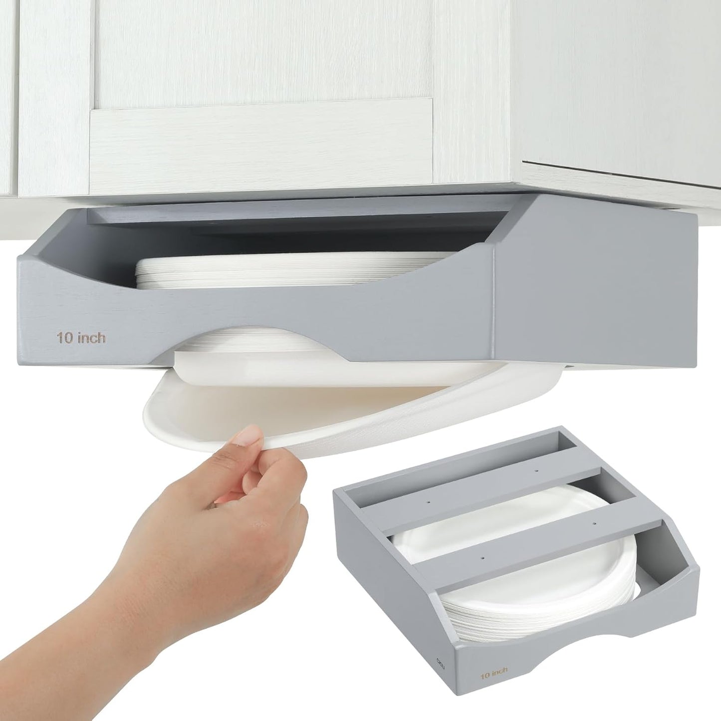 10-inch Paper Plate Dispenser Under Cabinet, Bamboo Paper Plate Holders, Kitchen Counter Vertical Plate Dispensers Holders Countertop Caddy(For 10-inch Plates, Bamboo)