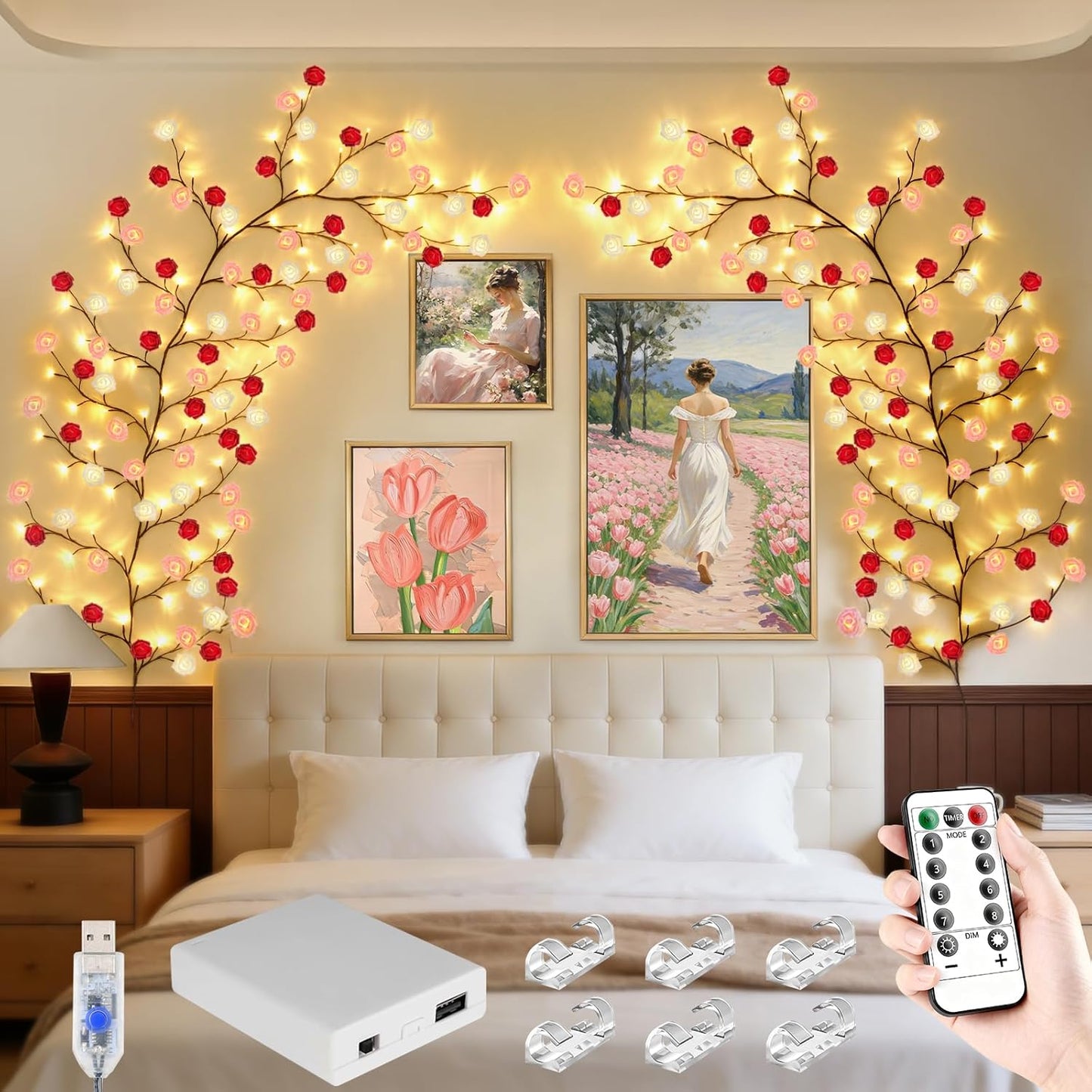 Cherry Enchanted Willow Vine Lights 7.55FT 144LED Pink Cherry Blossom Tree Branch Lights for Wall, Remote Timer,8 Light Model,Bedroom Wall Doors Wedding, Christmas, USB Battery Box