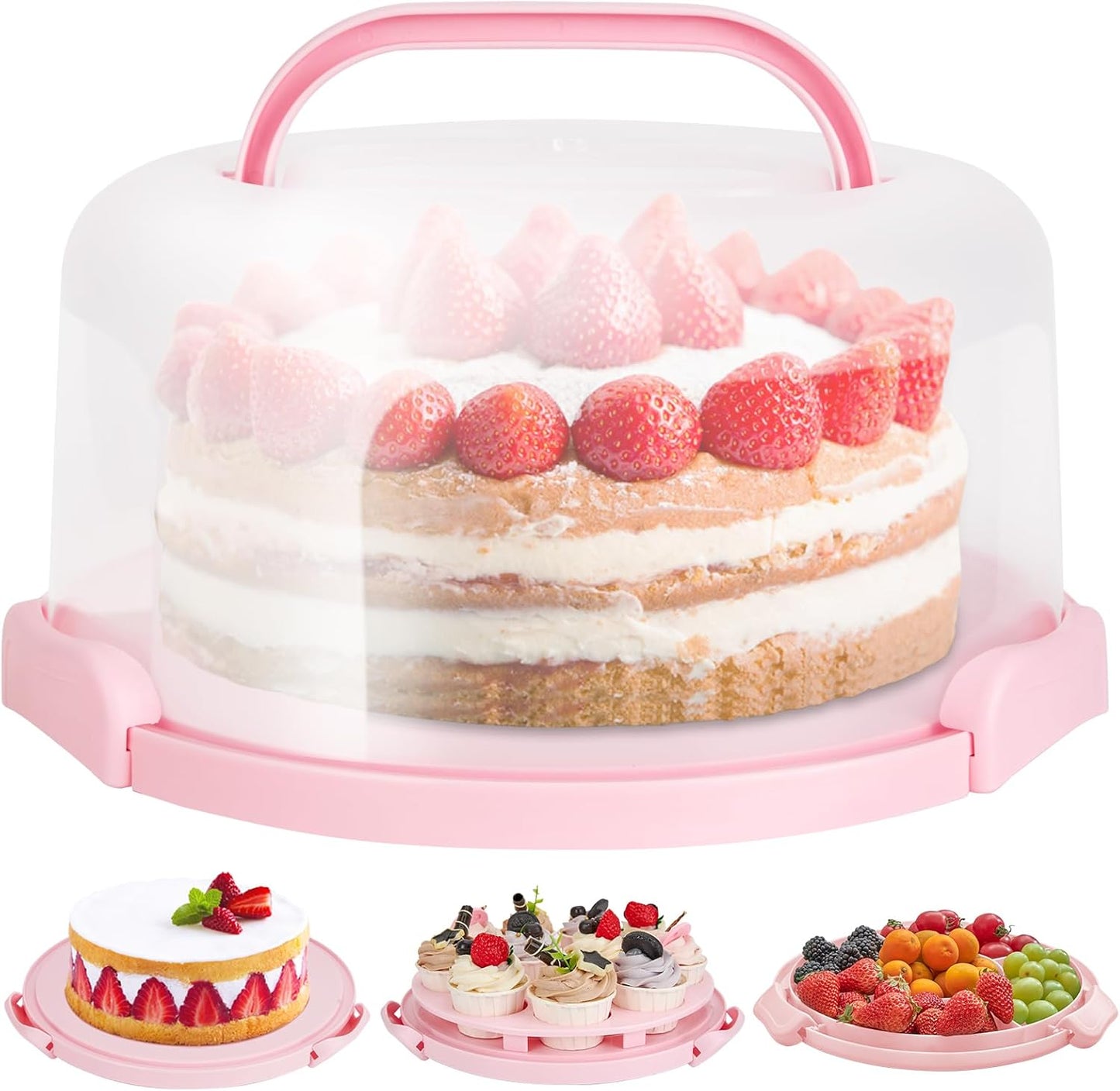 Ohuhu Cake Carrier with Lid and Handle, BPA-Free Cake Containers Cake Holder for 10 inch Cake with 2 Handles Cupcake Carrier - Plastic Cover Two Sided Base for Transport Pie Nuts Fruit Perfect Gifts