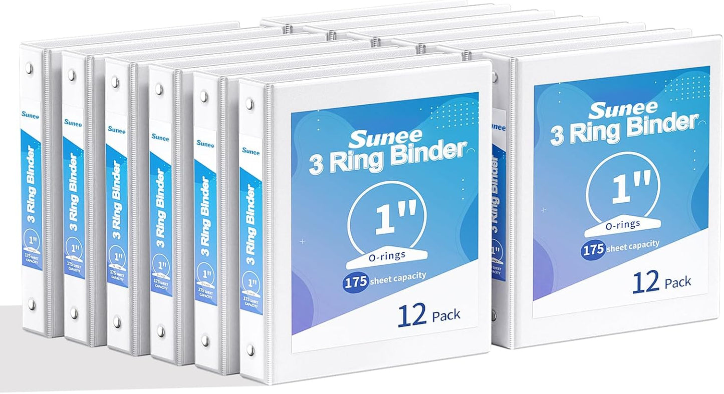 SUNEE 3 Ring Binders 1 Inch 12 Pack, Clear View Binders Bulk Three Ring PVC-Free (Fit 8.5x11 Inches) for School or Office Supplies, White