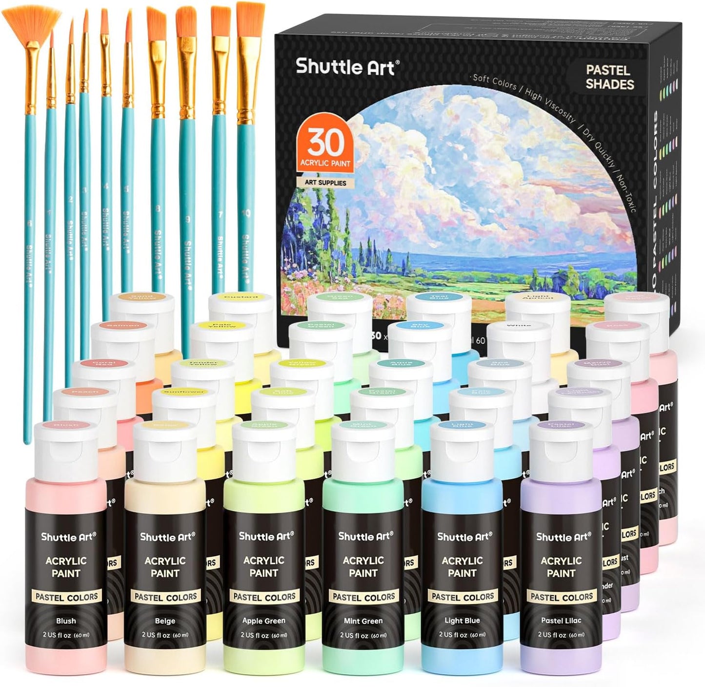 Shuttle Art Acrylic Paint, 50 Colors Acrylic Paint Set, 2oz/60ml Bottles, Rich Pigments, Water Proof, Premium for Artists, Beginners and Kids on Canvas Rocks Wood Ceramic Fabric