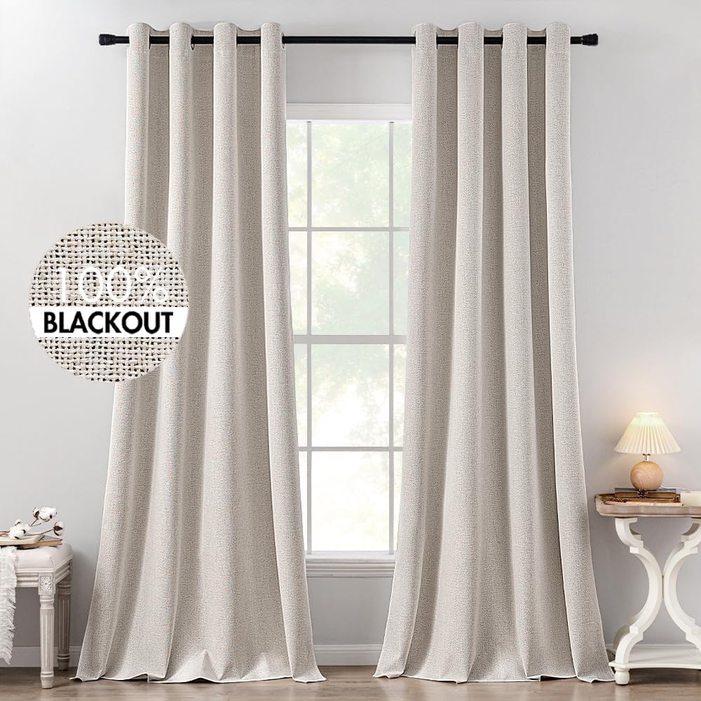 MIULEE 100% Blackout Linen Textured Curtains for Bedroom Solid Thermal Insulated Natural Beige Grommet Room Darkening Curtains & Drapes Luxury Decor for Living Room Nursery 52 x 84 Inch (2 Panels)