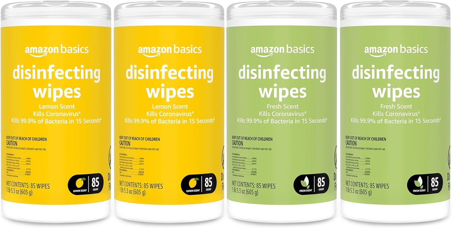 Amazon Basics Disinfecting Wipes, Lemon & Fresh Scent, Sanitizes/Cleans/Disinfects/Deodorizes, 255 Count (2 Packs Lemon, 1 Pack Fresh Scent)