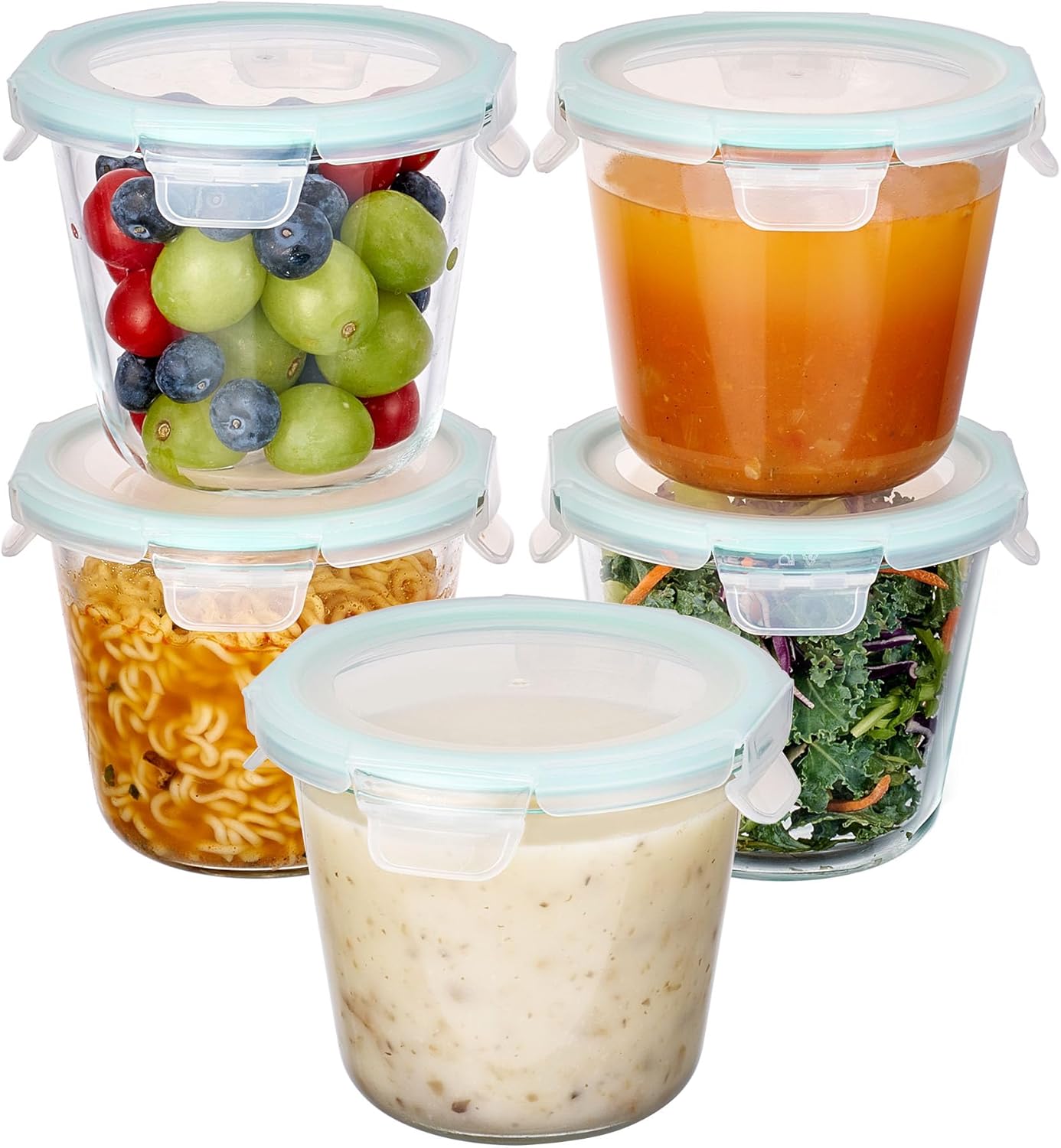 Vtopmart 5Pack 22oz Glass Storage Containers with Lids, Glass Meal Prep Food Container Sets with Snap Airtight Lids for Microwave, Oven, Freezer and Dishwasher, Grey