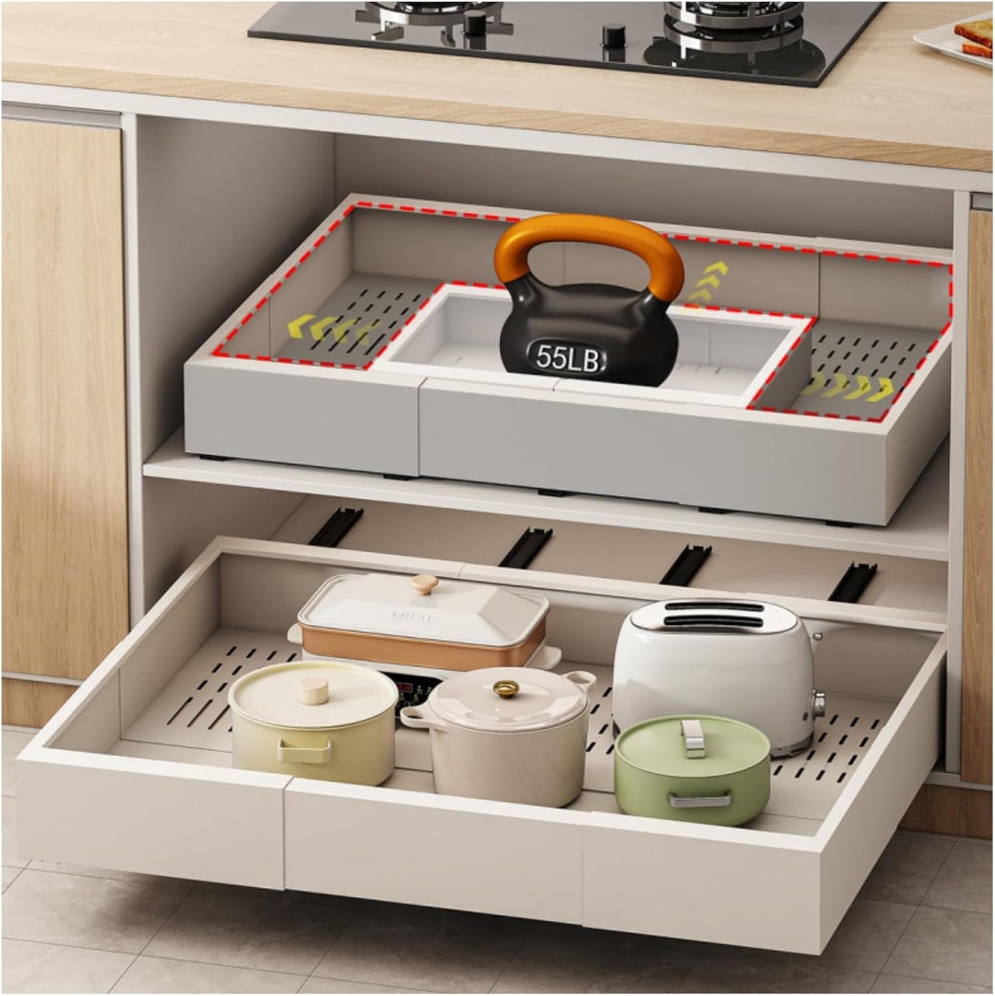 Pull out Cabinet Organizer,Width (14"-21") and Depth (17"-24") Expandable With 3 Rails,No Drill Adjustable Slide out Drawers for Kitchen,Pantry,Adhesive Roll out Shelves,for Cabinets Without Lip,White