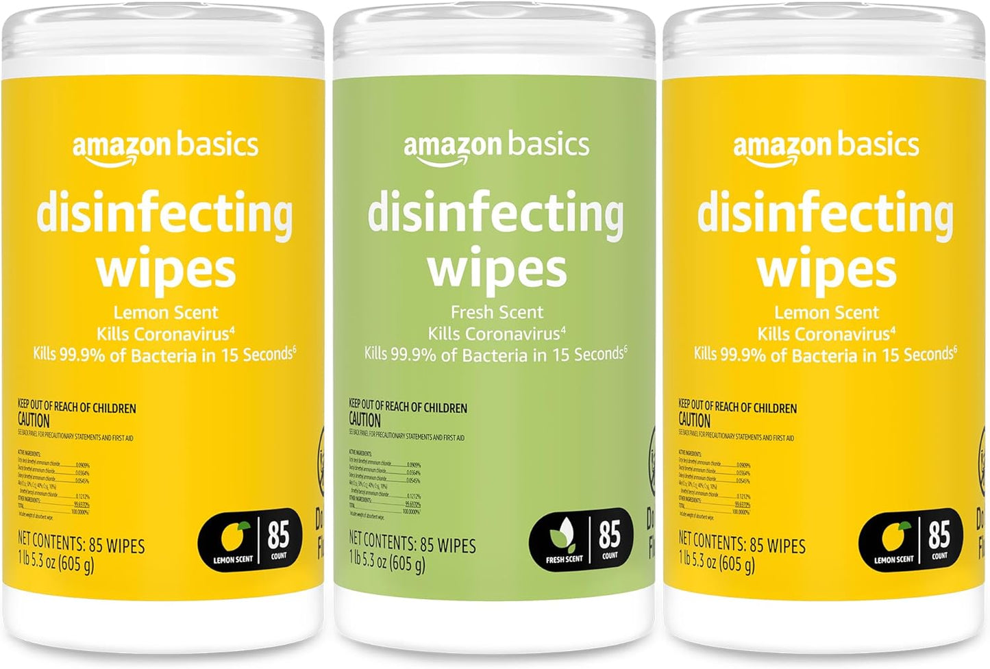 Amazon Basics Disinfecting Wipes, Lemon & Fresh Scent, Sanitizes/Cleans/Disinfects/Deodorizes, 255 Count (2 Packs Lemon, 1 Pack Fresh Scent)