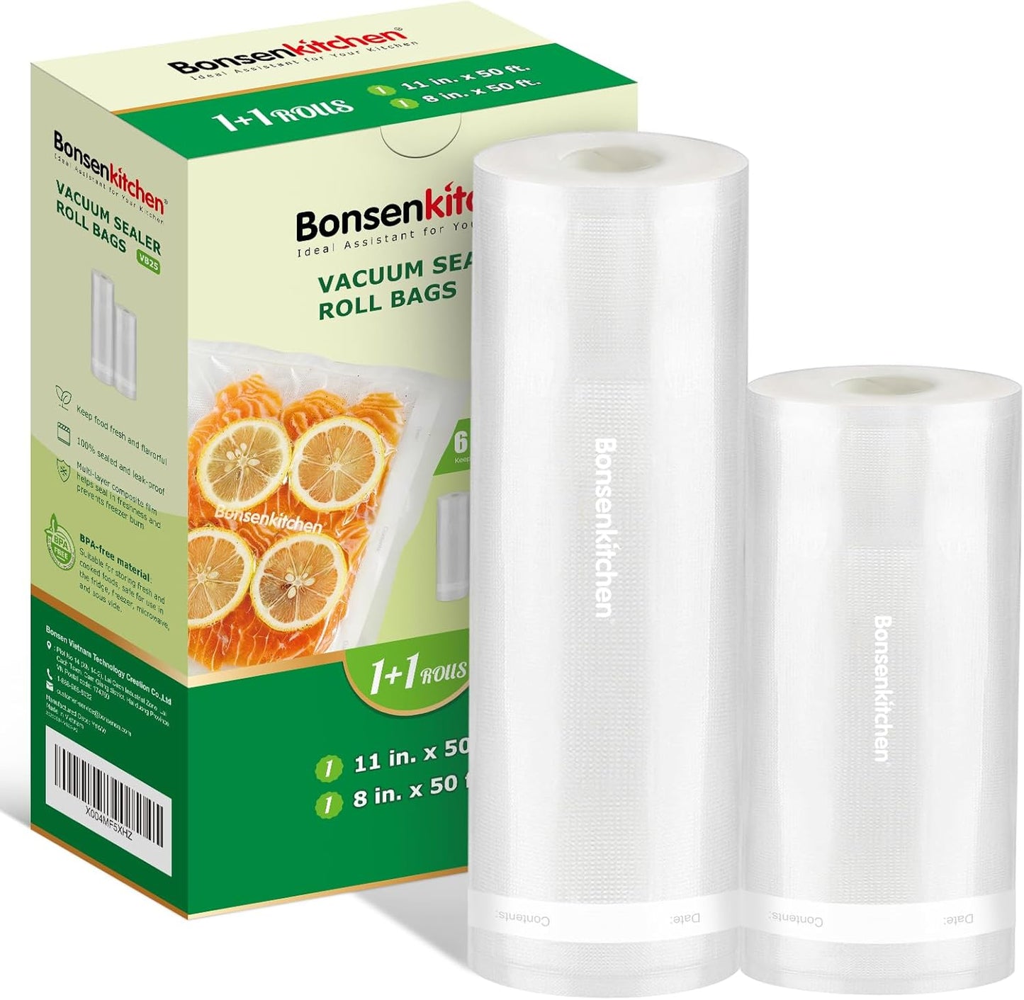 Bonsenkitchen Vacuum Sealer Rolls Bags, 6 Pack 3 Rolls 11" x 20' + 3 Rolls 8" x 20' Commercial Grade BPA Free Bag Rolls, Durable Customized Size Food Vac Bags for Storage and Sous Vide Cooking VB3211