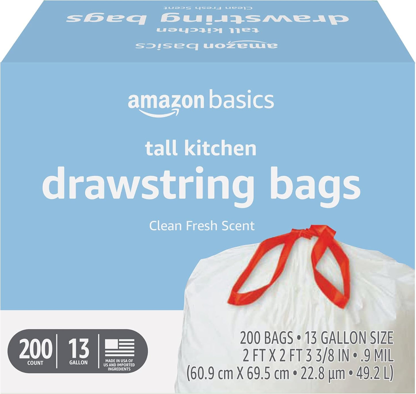 Amazon Basics Tall Kitchen Drawstring Trash Bags, Sturdy, 13 Gallon, Unscented, 200 Count