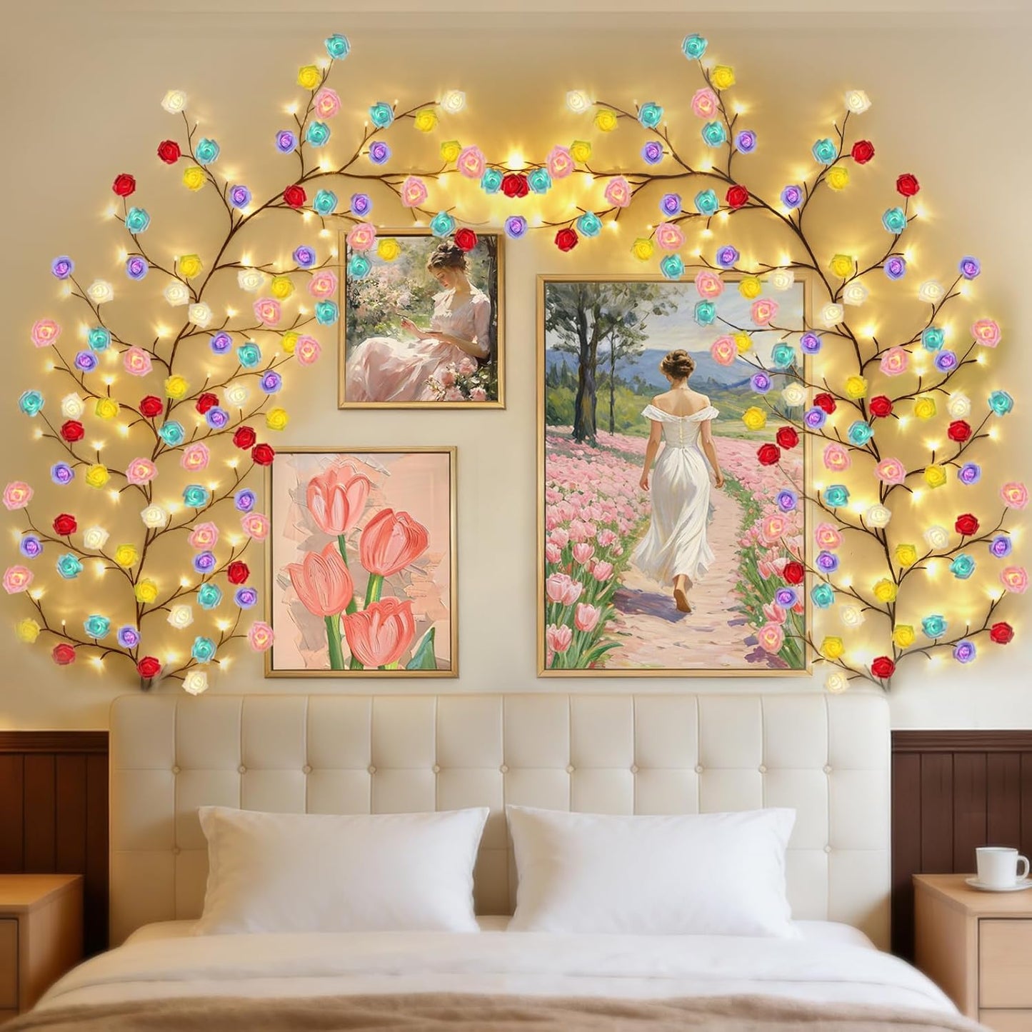 Cherry Enchanted Willow Vine Lights 7.55FT 144LED Pink Cherry Blossom Tree Branch Lights for Wall, Remote Timer,8 Light Model,Bedroom Wall Doors Wedding, Christmas, USB Battery Box