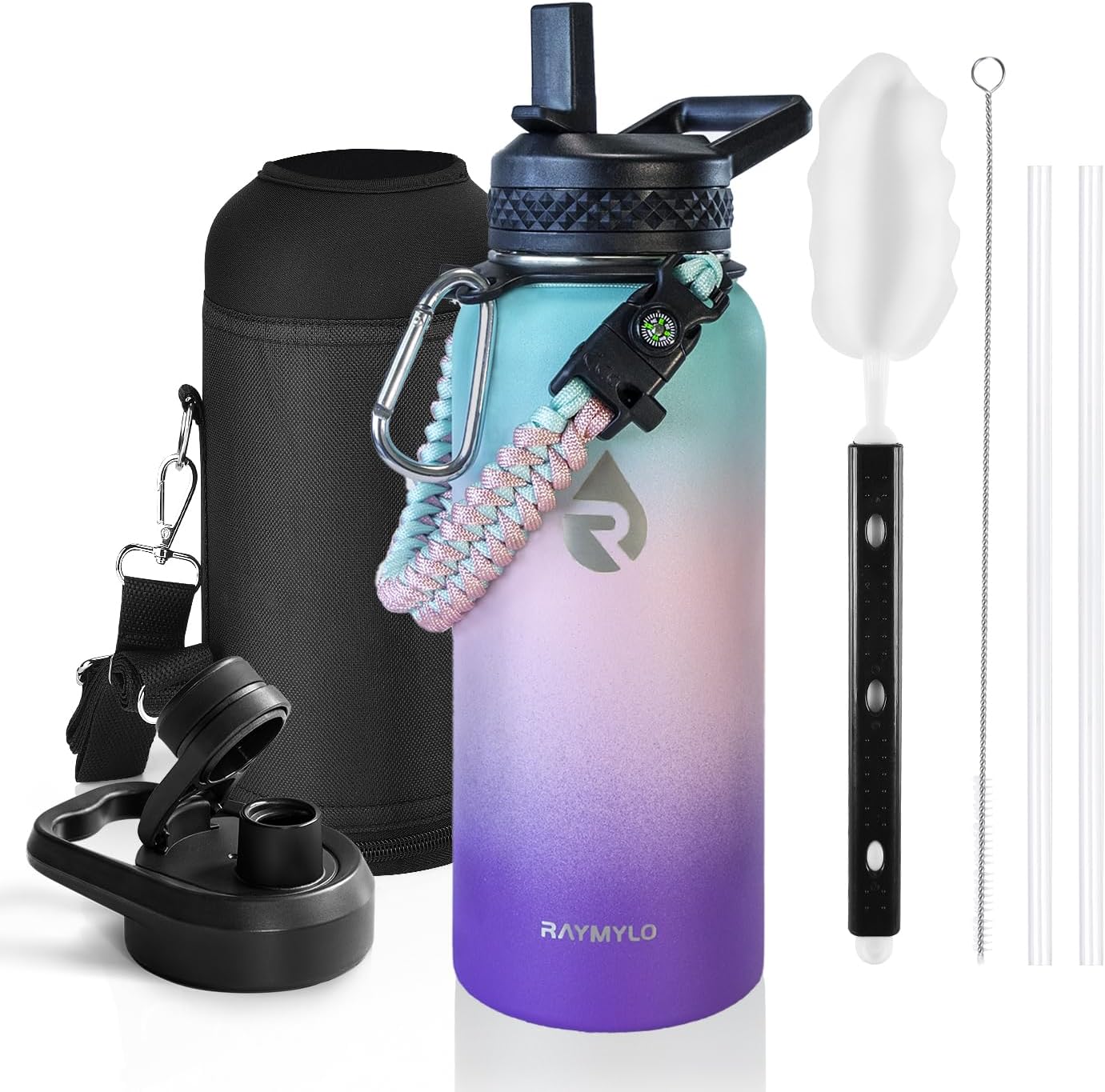 One Gallon Water Bottle Insulated, Triple Walled Vacuum Stainless Steel (Cold for 48 Hrs), Leak Proof & Non-BPA, Large Water Flask Jug with Paracord Handle & Straw Spout Lids