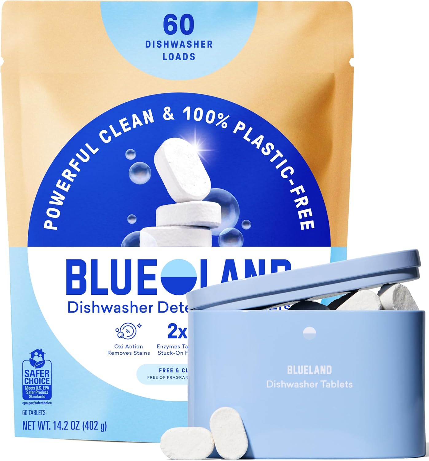 BLUELAND 100% Plastic-Free Dishwasher Detergent Tablets, 60 Count, Free & Clear, Eco-Friendly Dishwashing Pods, Natural, USDA Certified biobased