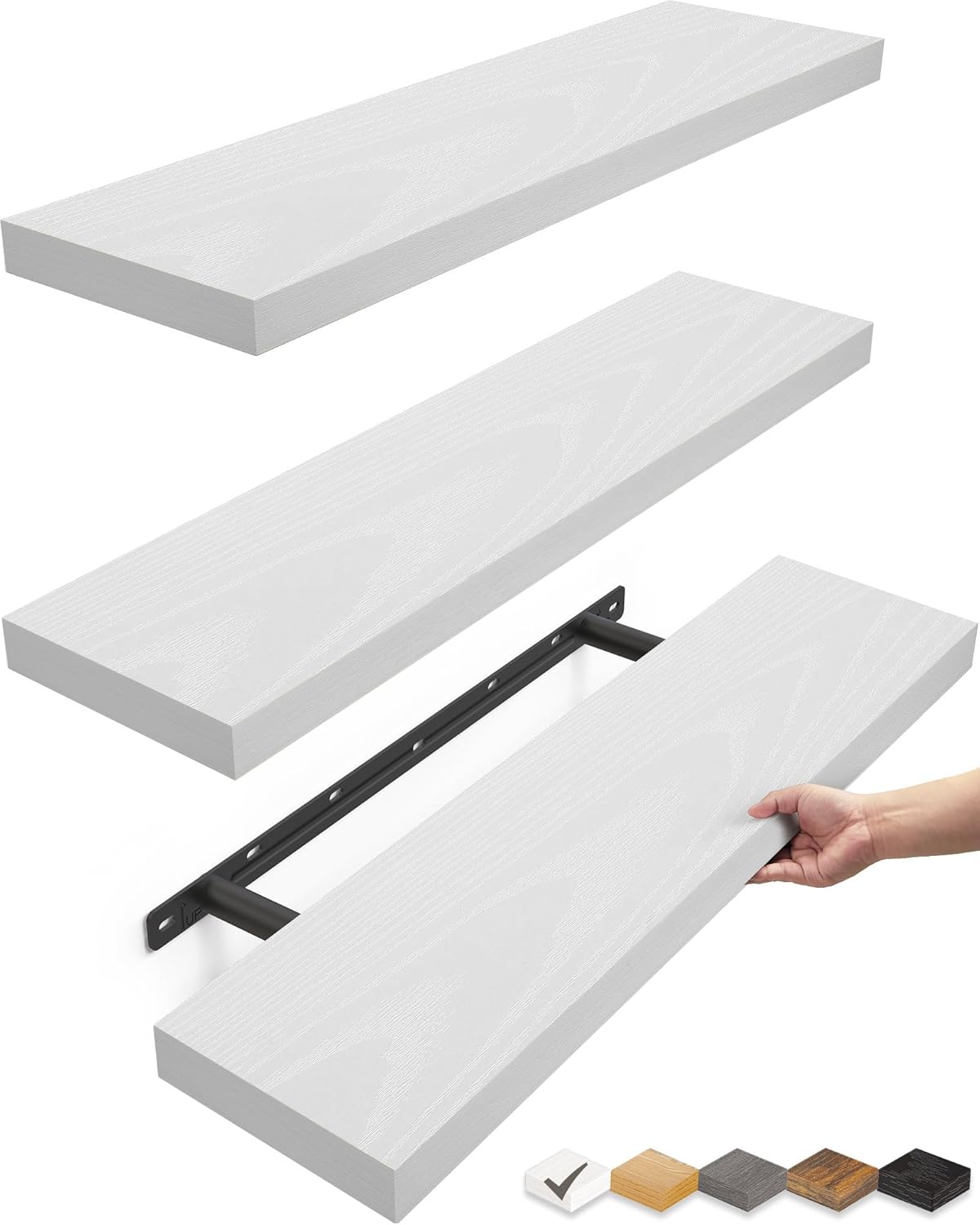 BAYKA Floating Shelves for Wall, Wall Mounted Rustic Wood Shelves for Bathroom, Bedroom, Living Room, Kitchen, Hanging Shelf for Books/Storage/Room Decor with 22lbs Capacity (Black, Set of 3, 15.7in)