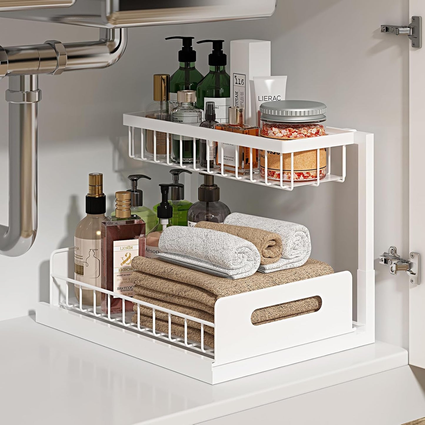 REALINN Under Sink Organizer, Pull Out Cabinet Organizer, 2 Tier Metal Slide Out Shelf with L Shaped Design, Under Cabinet Storage for Kitchen, Bathroom, Laundry, Deep Cabinet Shelf Storage, White