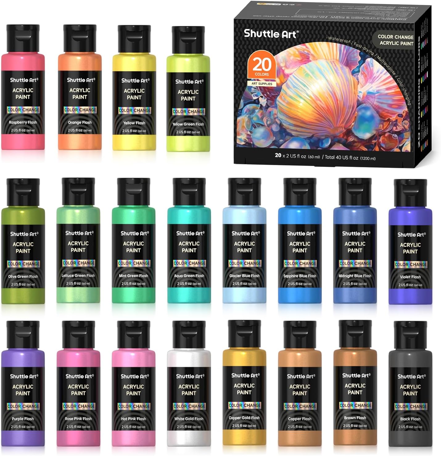 Shuttle Art Acrylic Paint, 36 Colors Acrylic Paint Set with Brushes & Palette, 2oz/60ml Bottles, Rich Pigments Non-toxic for Artists Kids & Adults, Painting on Canvas Rocks Ceramic Wood