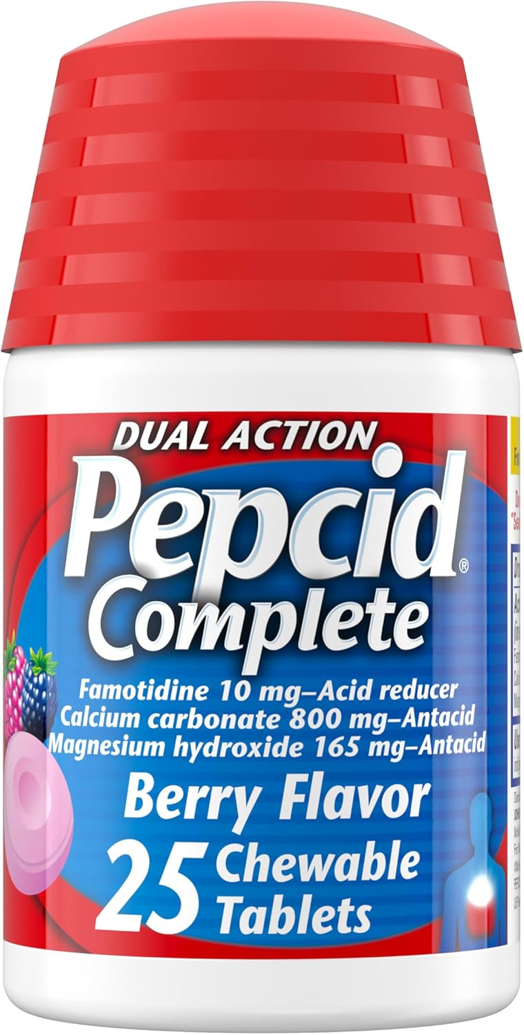 Pepcid Complete Acid Reducer + Antacid Chewables, 10mg Famotidine, 800mg Calcium Carbonate & 165mg Magnesium Hydroxide per Heartburn Medicine Tablet, Antacid Chews, Berry Flavored, 70 ct
