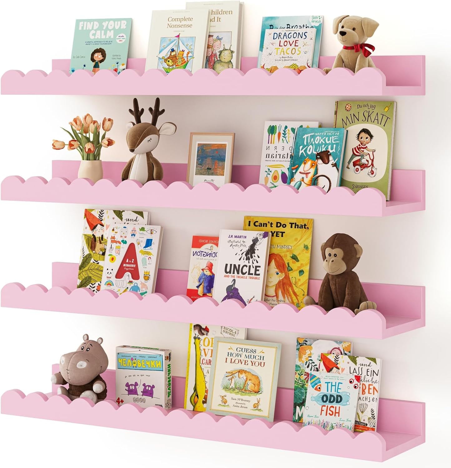 Shario Nursery Book Shelves, 4-Pack White Floating Shelves for Wall Kids, Scalloped Shelves, Wall Book Shelves for Bedroom Kids, Toddler Room, Baby Room, Nursery Decor