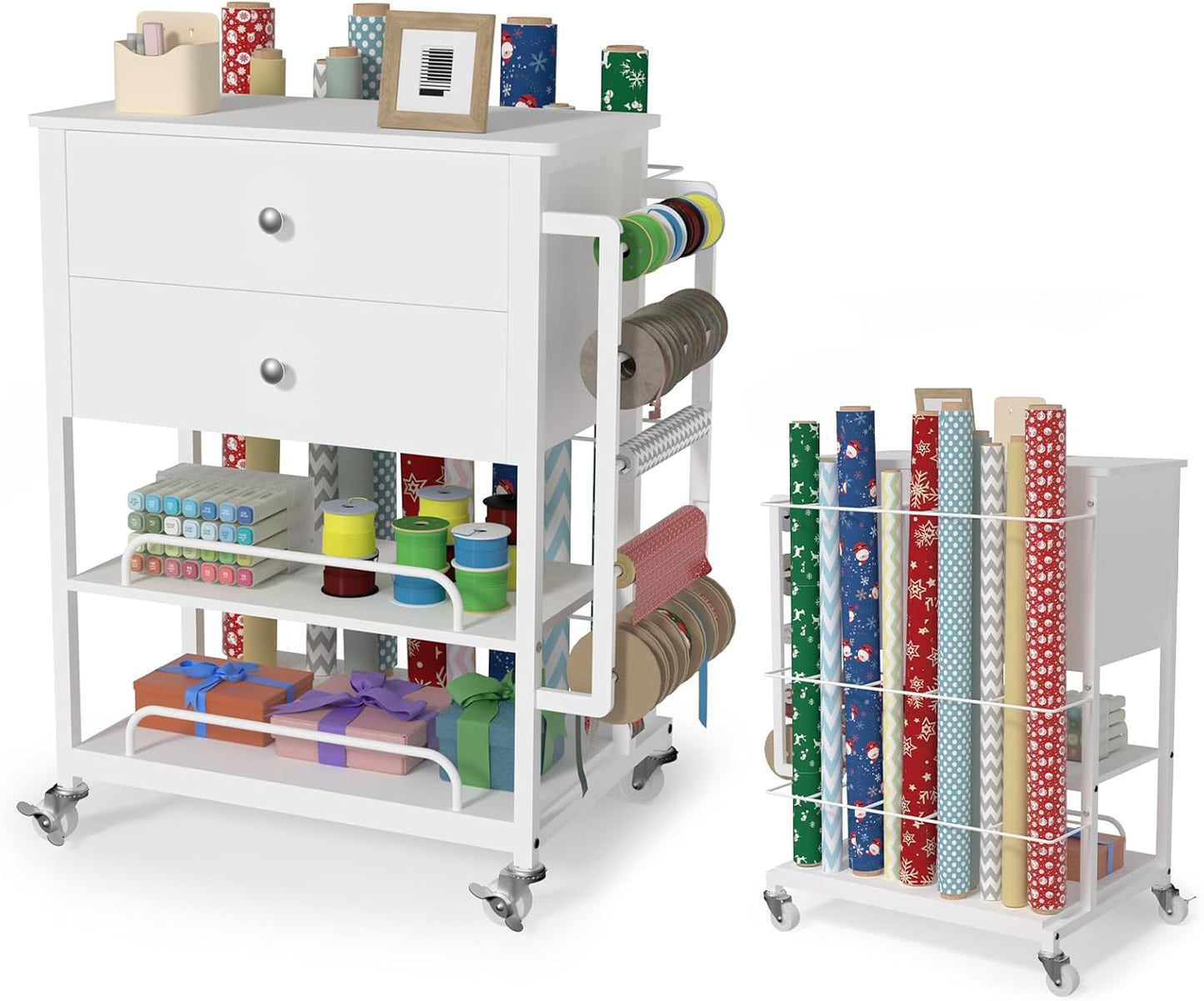 Wrapping Paper Storage & Organizer, Craft Cart with Ribbon & Gift Bag Storage, Wrapping Paper Organizer Holder(3 Wooden Drawers-White)