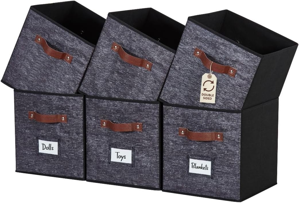 DECOMOMO Storage Bins, Cube Storage Bin with Labels, Fabric Storage Cubes for Shelves (10.5" x 11" / 6pcs, Beige)