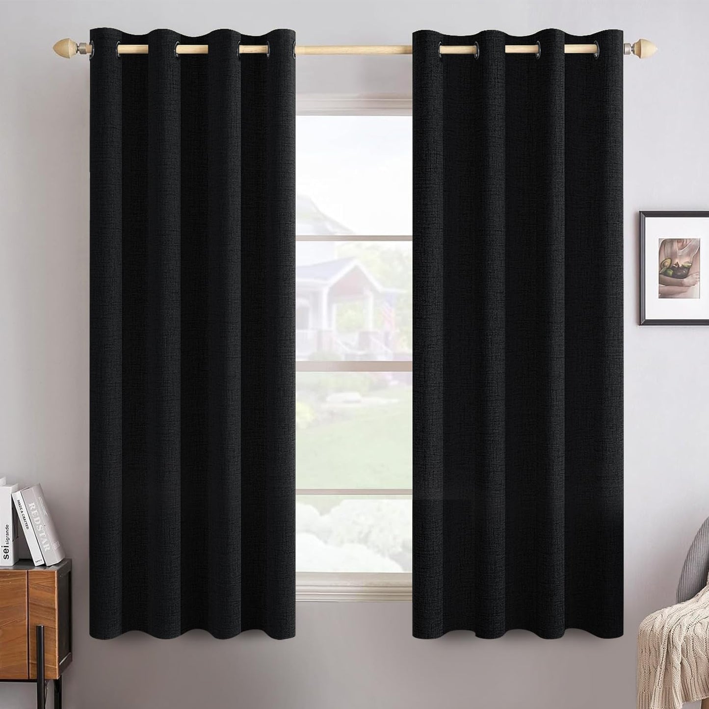 MIULEE 100% Blackout Linen Textured Curtains for Bedroom Solid Thermal Insulated Natural Beige Grommet Room Darkening Curtains & Drapes Luxury Decor for Living Room Nursery 52 x 84 Inch (2 Panels)