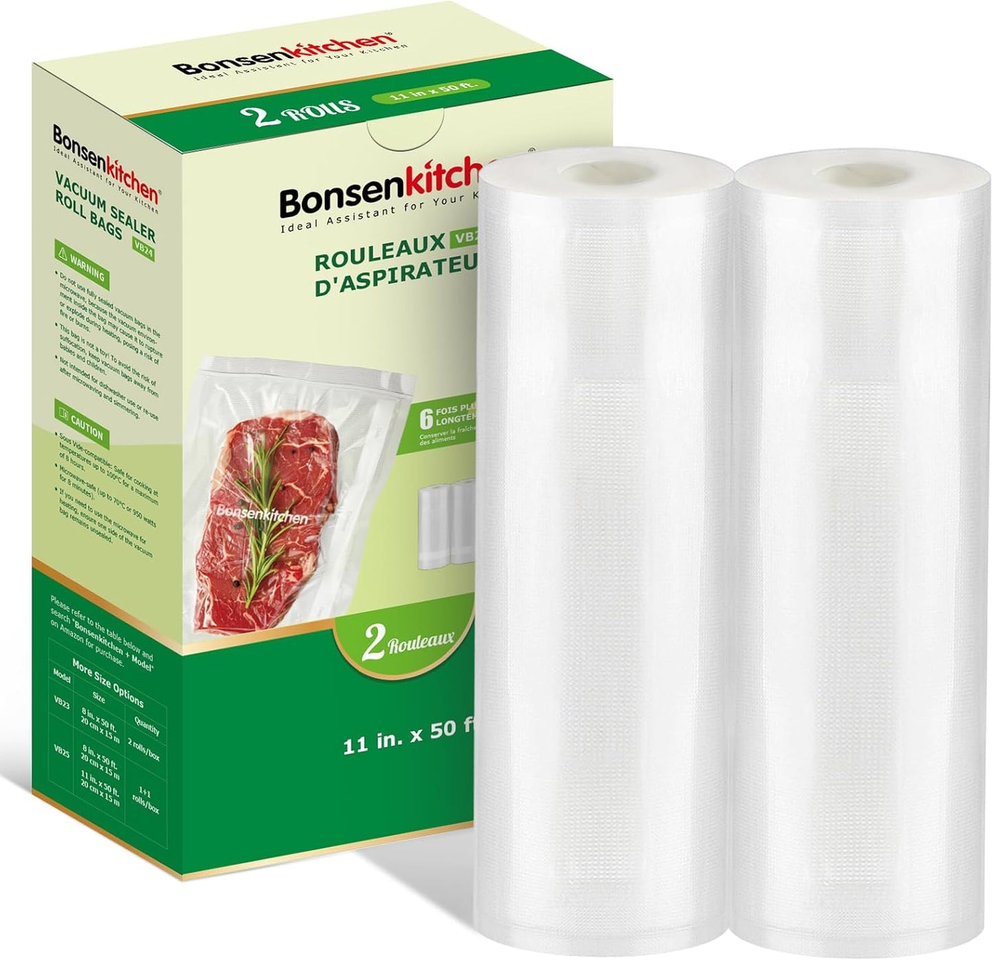 Bonsenkitchen Vacuum Sealer Rolls Bags, 6 Pack 3 Rolls 11" x 20' + 3 Rolls 8" x 20' Commercial Grade BPA Free Bag Rolls, Durable Customized Size Food Vac Bags for Storage and Sous Vide Cooking VB3211