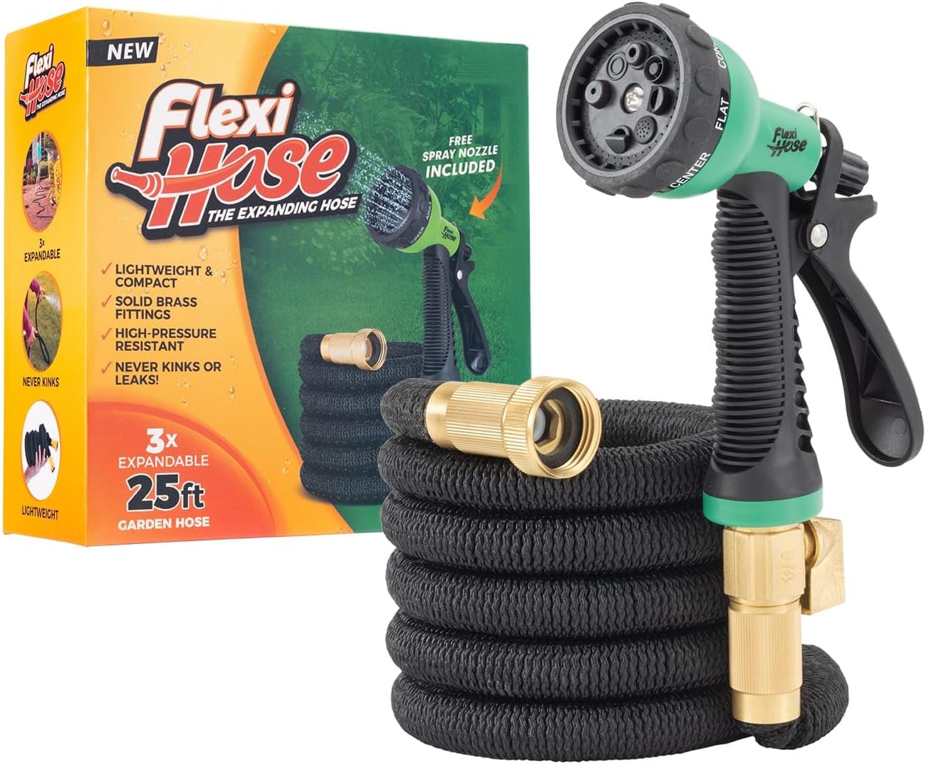 Flexi Hose Expandable Garden Hose with 8 Function Nozzle, 50FT - Lightweight Retractable Garden Hose, Water Hose - No-Kink Flexibility, 3/4 Inch Solid Brass Fittings and Double Latex Core