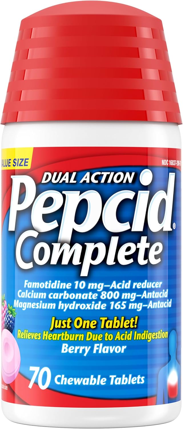 Pepcid Complete Acid Reducer + Antacid Chewables, 10mg Famotidine, 800mg Calcium Carbonate & 165mg Magnesium Hydroxide per Heartburn Medicine Tablet, Antacid Chews, Berry Flavored, 70 ct