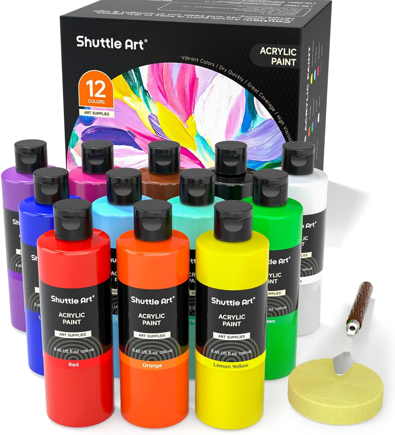 Shuttle Art 18 Colors Acrylic Paint Bottle Set (250ml/8.45oz), Rich Pigmented Bulk Painting Supplies for Artists, Beginners and Kids on Rocks Crafts Canvas Wood Ceramic