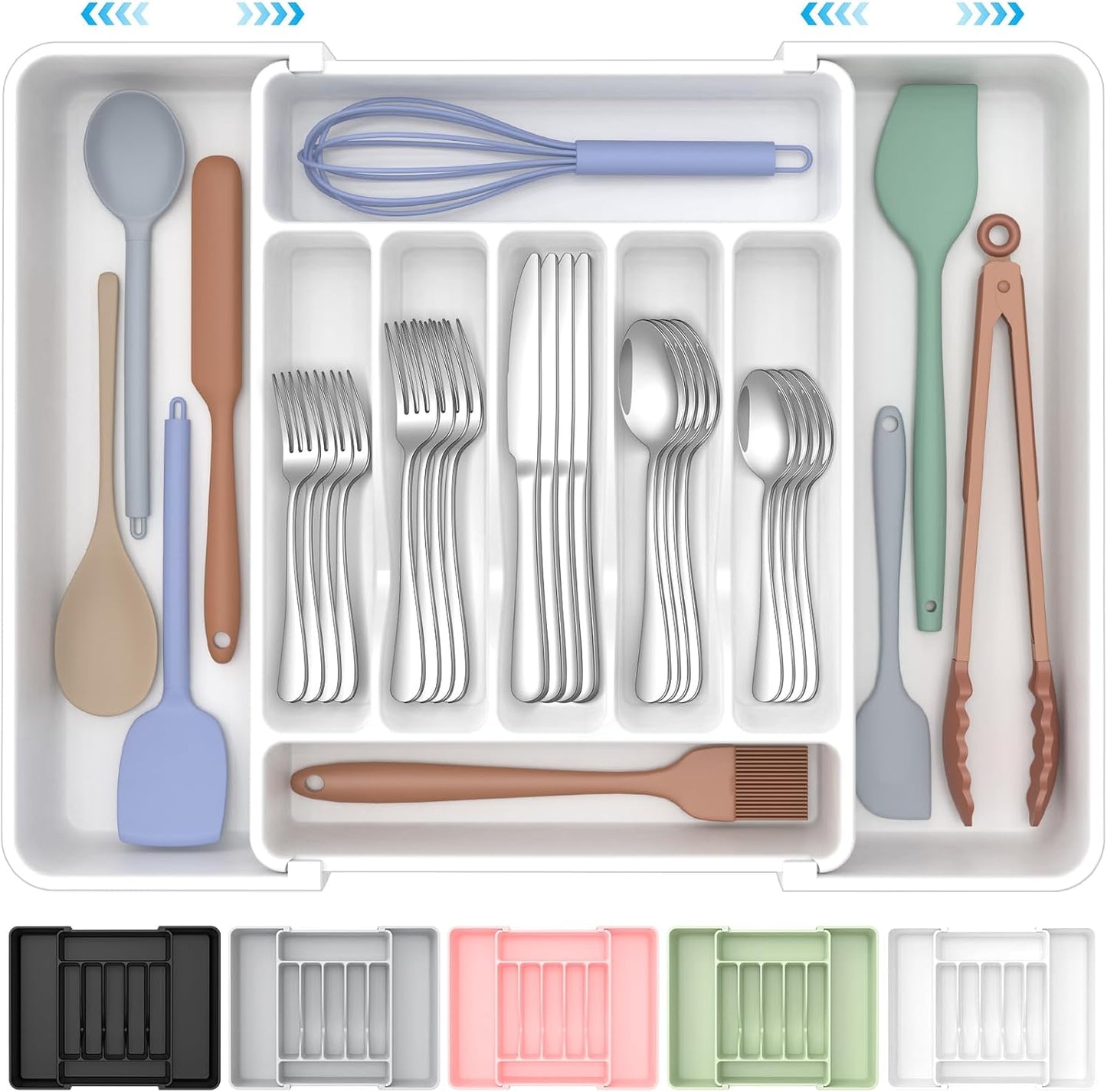 Extra Large Expandable Silverware Organizer, BPA-Free Food-Safe Cutlery Flatware Organizer, Kitchen Utensil Drawer Organizer, Adjustable Silverware Holder for Spoons Forks Knives, Black