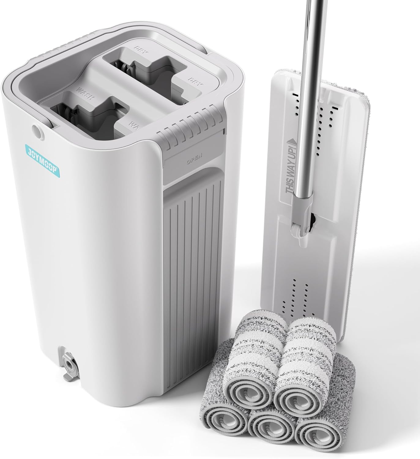 JOYMOOP Mop and Bucket with Wringer Set, Hands Free Flat Floor Mop and Bucket, with 3 Washable Microfiber Pads, Wet and Dry Use, Floor Cleaning System
