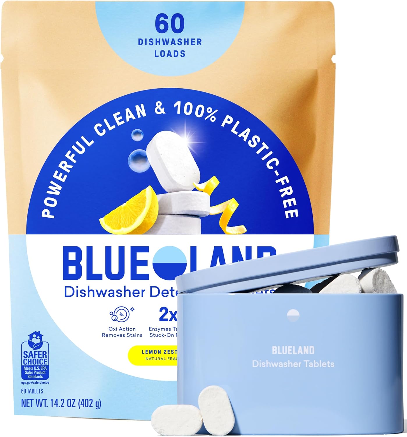 BLUELAND 100% Plastic-Free Dishwasher Detergent Tablets, 60 Count, Free & Clear, Eco-Friendly Dishwashing Pods, Natural, USDA Certified biobased