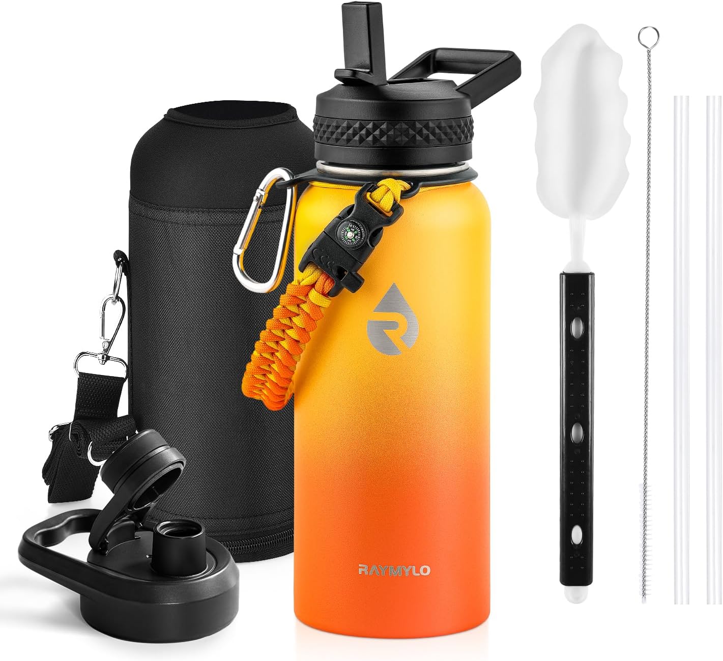 One Gallon Water Bottle Insulated, Triple Walled Vacuum Stainless Steel (Cold for 48 Hrs), Leak Proof & Non-BPA, Large Water Flask Jug with Paracord Handle & Straw Spout Lids