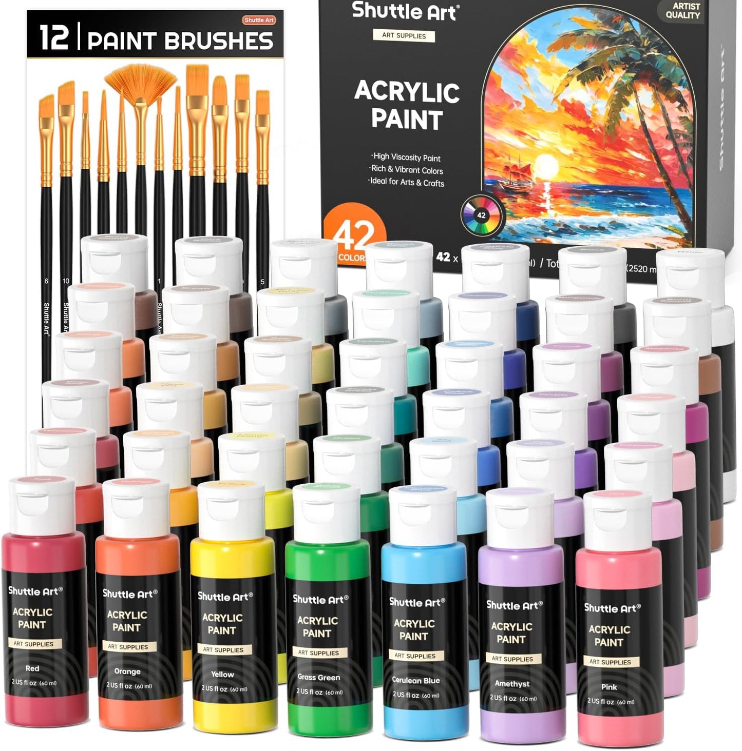 Shuttle Art Acrylic Paint, 50 Colors Acrylic Paint Set, 2oz/60ml Bottles, Rich Pigments, Water Proof, Premium for Artists, Beginners and Kids on Canvas Rocks Wood Ceramic Fabric