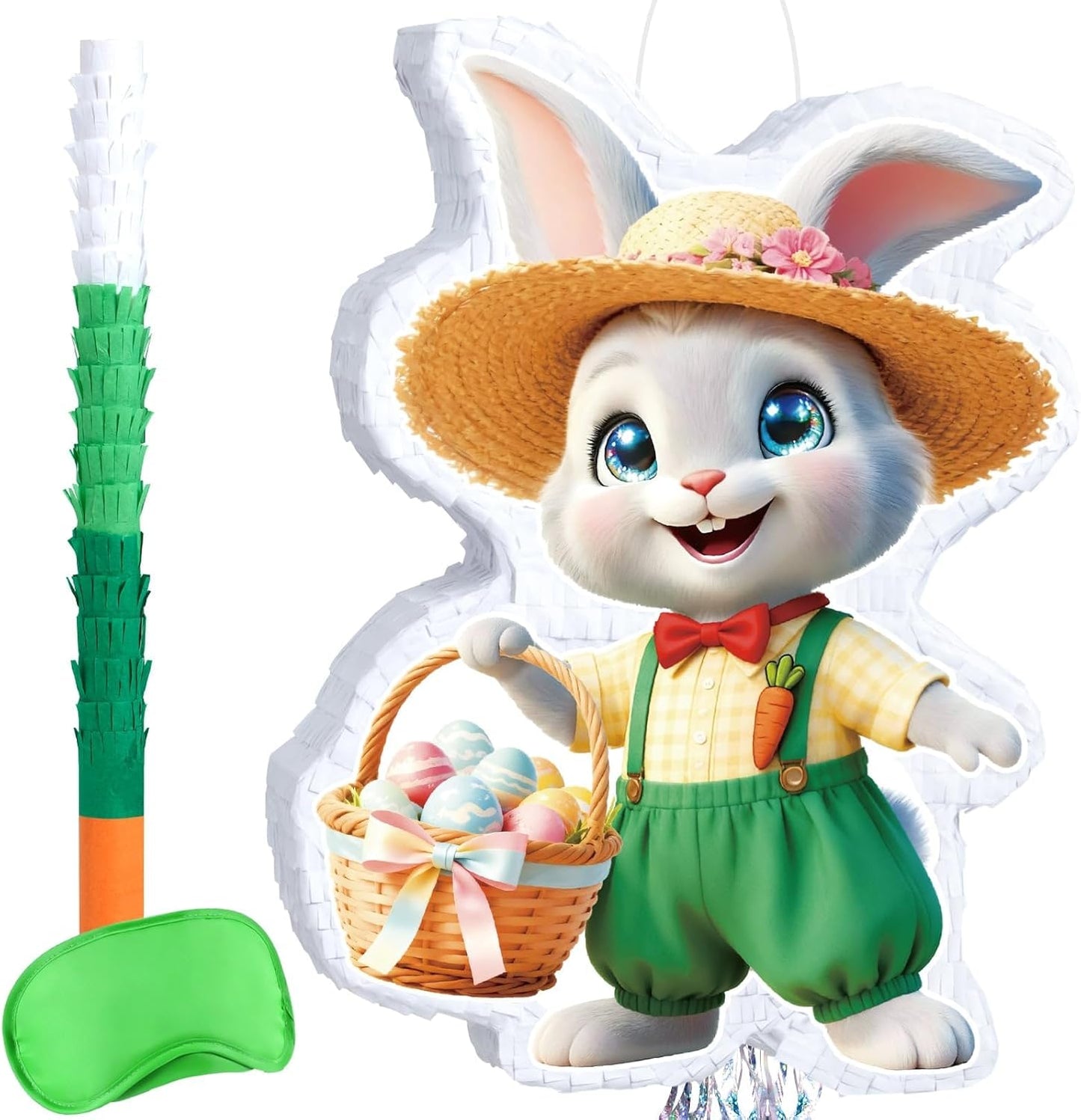 WERNNSAI Easter Bunny Piñata - Easter Rabbit Piñata Spring Pinata with Blindfold and Stick for Birthday Party Decoration Baby Shower School Activities Game Spring Party Game